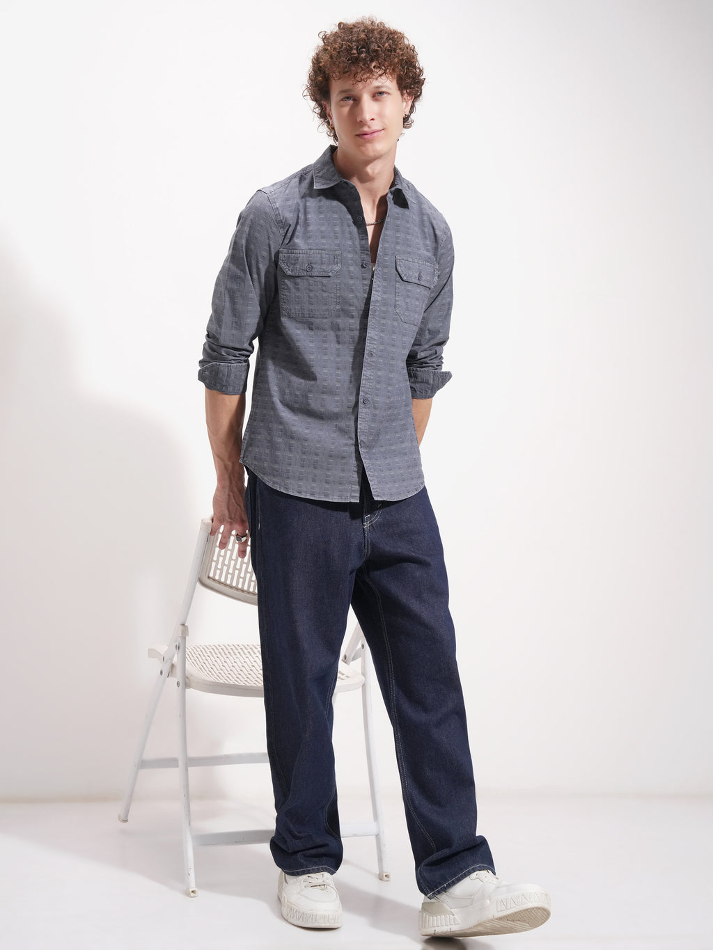 Highlander Men Navy Blue Self Design Slim Fit Casual Shirt - Navy Blue - Image 2