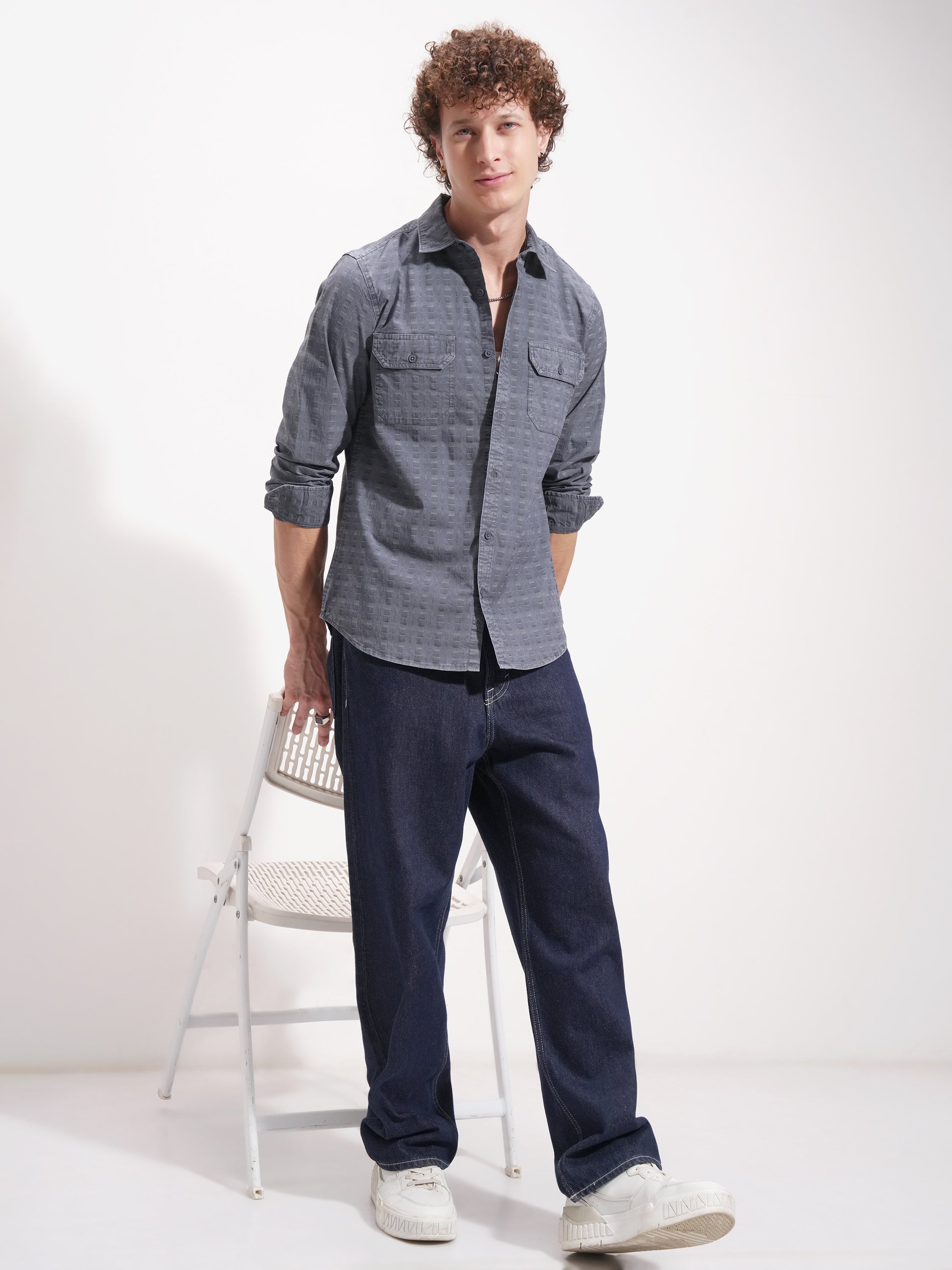 Highlander Men Navy Blue Self Design Slim Fit Casual Shirt - Navy Blue - Image 2