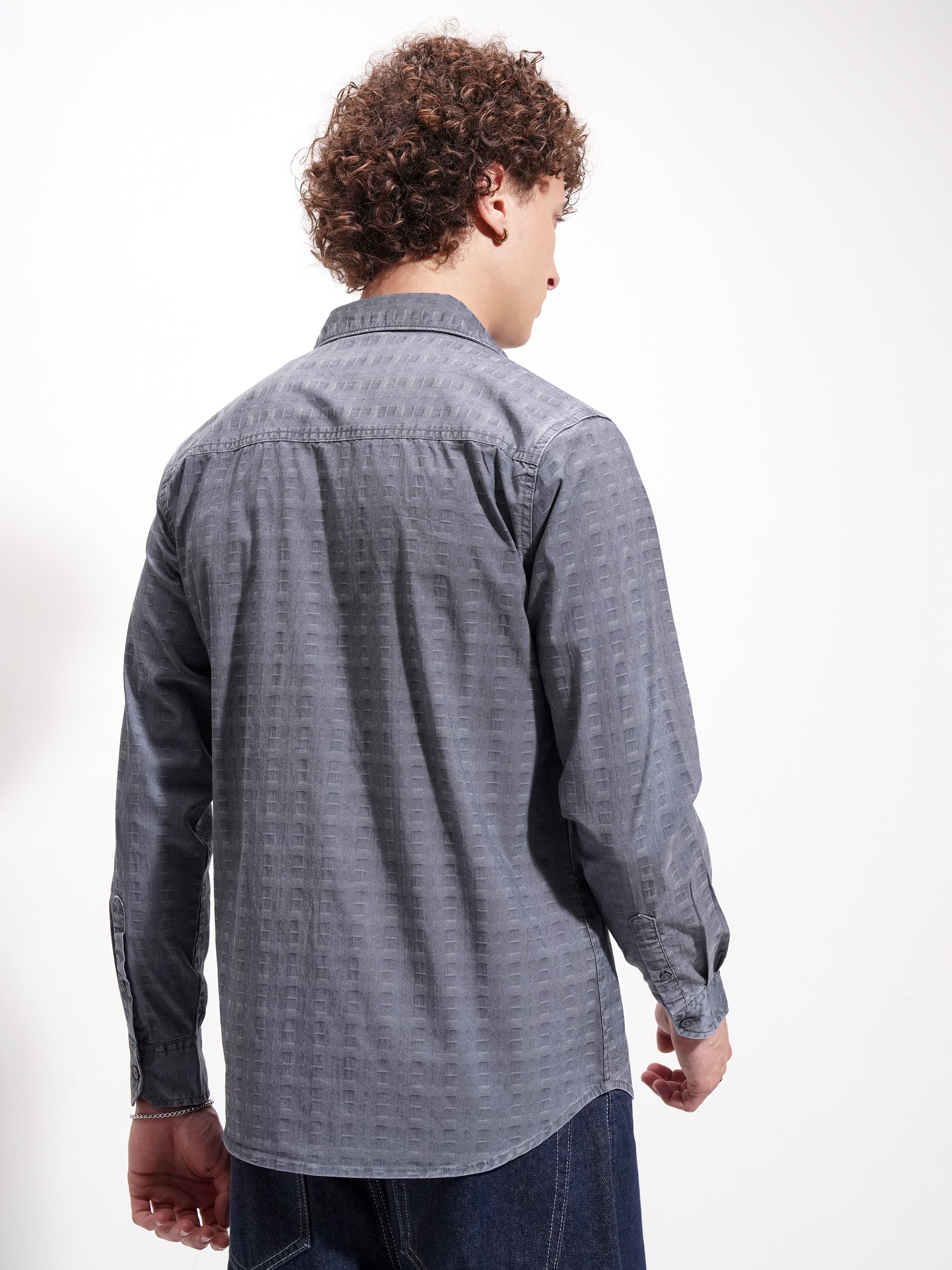 Highlander Men Navy Blue Self Design Slim Fit Casual Shirt - Navy Blue - Image 3