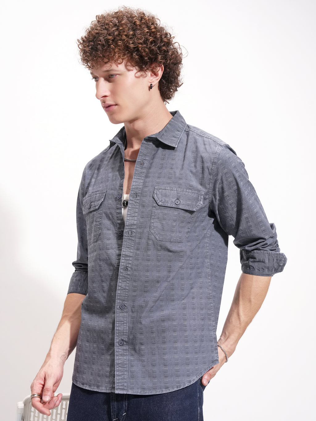 Highlander Men Navy Blue Self Design Slim Fit Casual Shirt - Navy Blue - Image 4