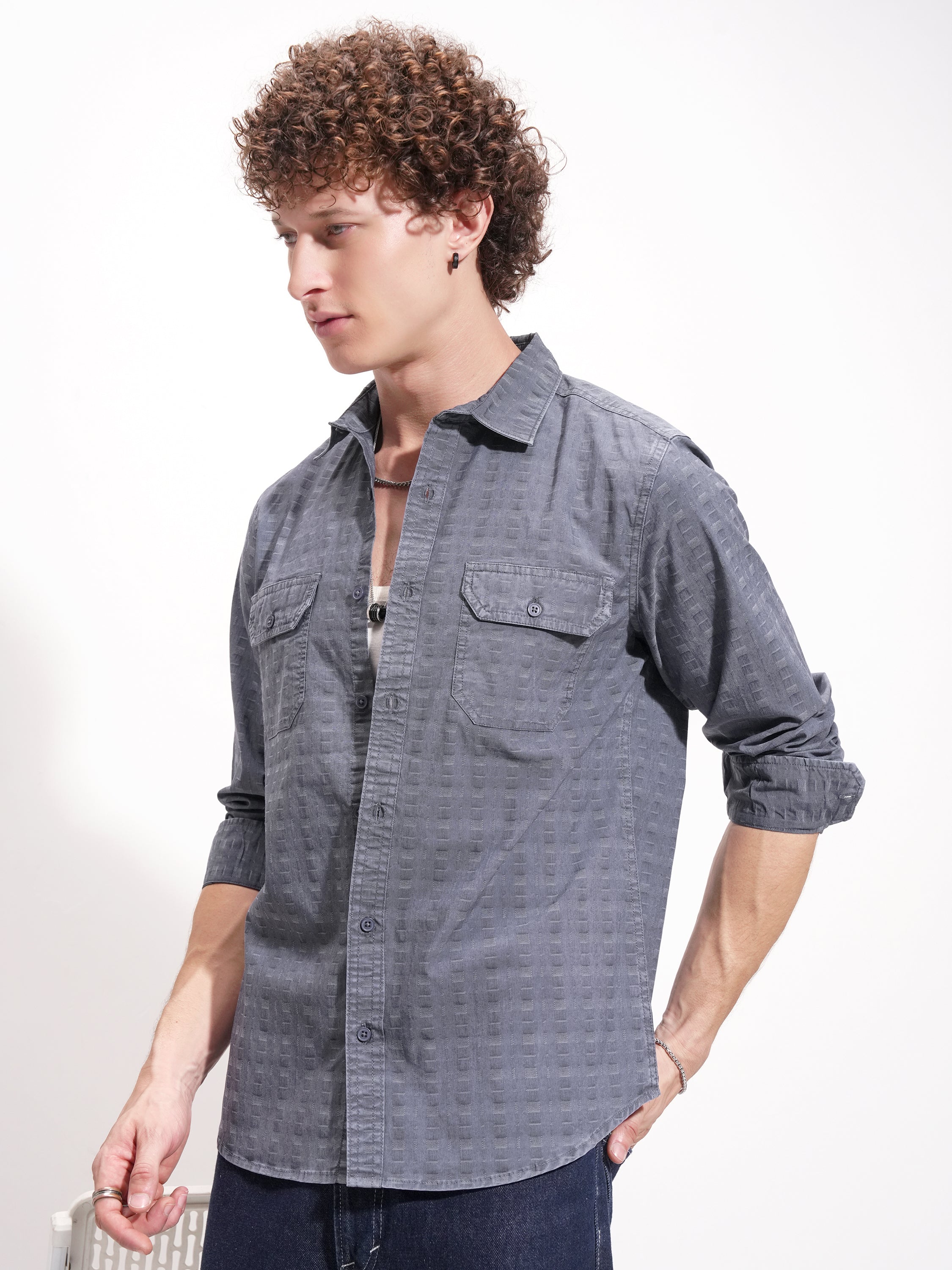 Highlander Men Navy Blue Self Design Slim Fit Casual Shirt - Navy Blue - Image 4
