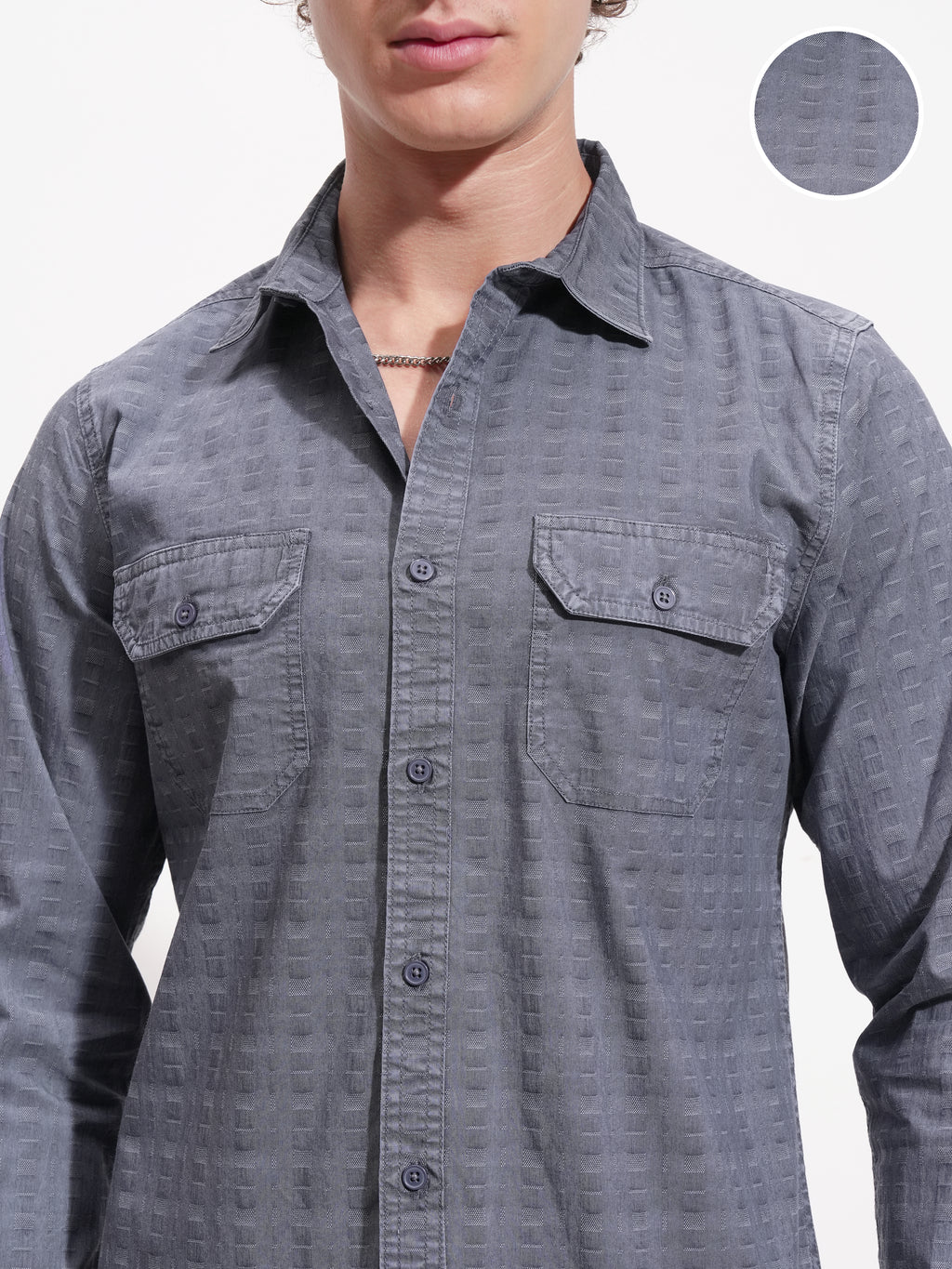 Highlander Men Navy Blue Self Design Slim Fit Casual Shirt - Navy Blue - Image 5