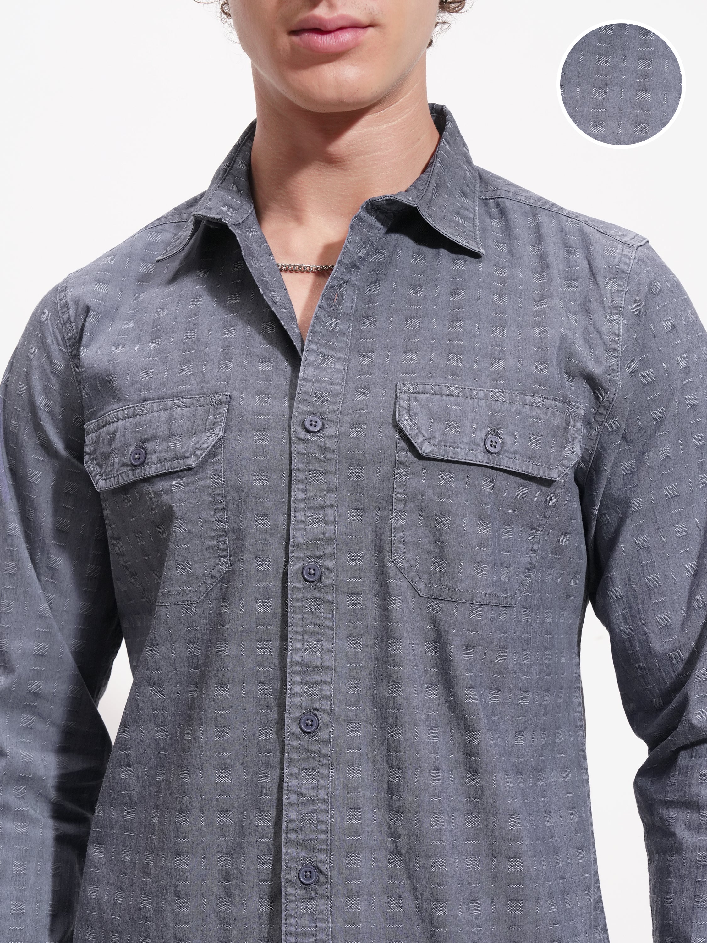 Highlander Men Navy Blue Self Design Slim Fit Casual Shirt - Navy Blue - Image 5
