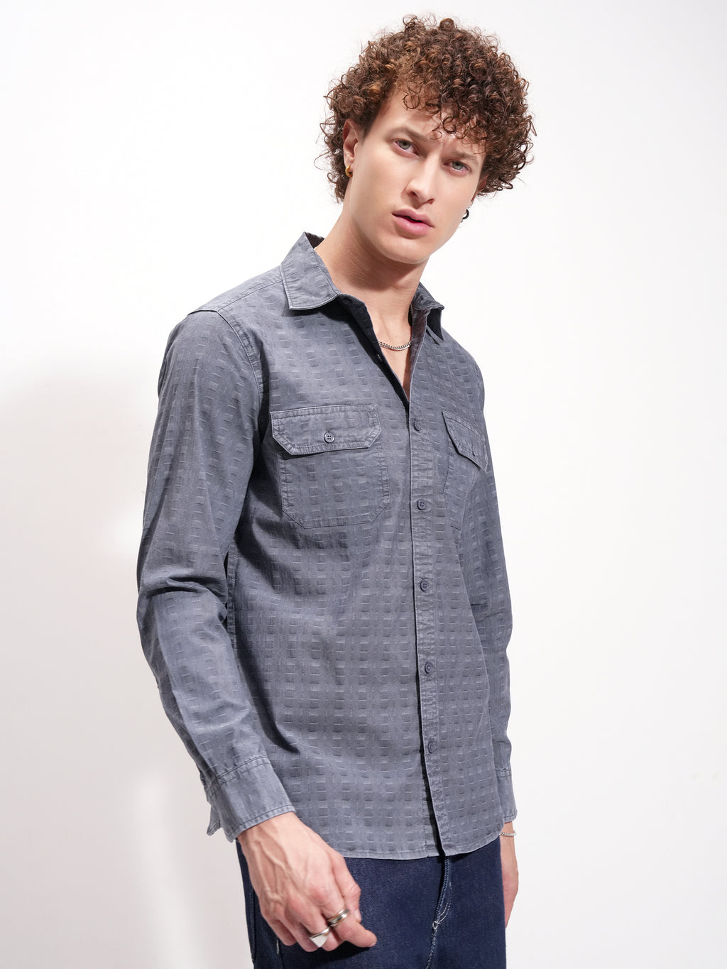 Highlander Men Navy Blue Self Design Slim Fit Casual Shirt - Navy Blue - Image 6
