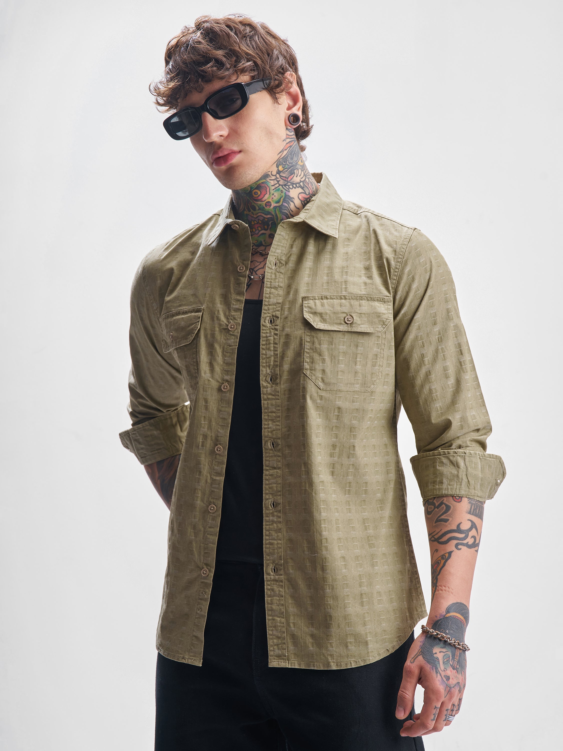 Highlander Men Khaki Self Design Slim Fit Casual Shirt - Khaki - Image 1