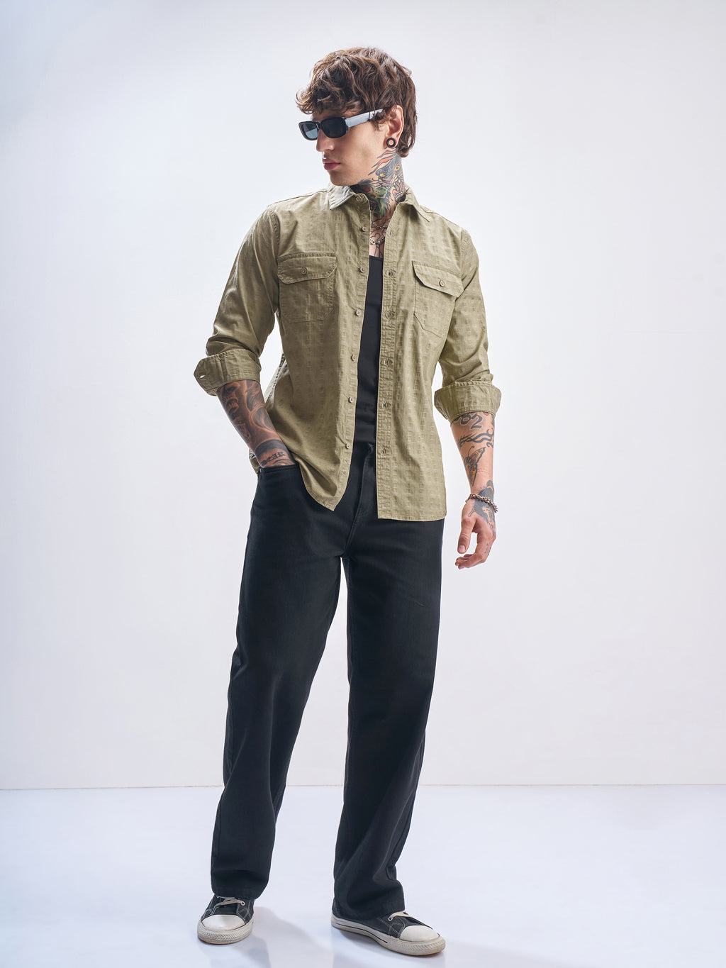 Highlander Men Khaki Self Design Slim Fit Casual Shirt - Khaki - Image 2