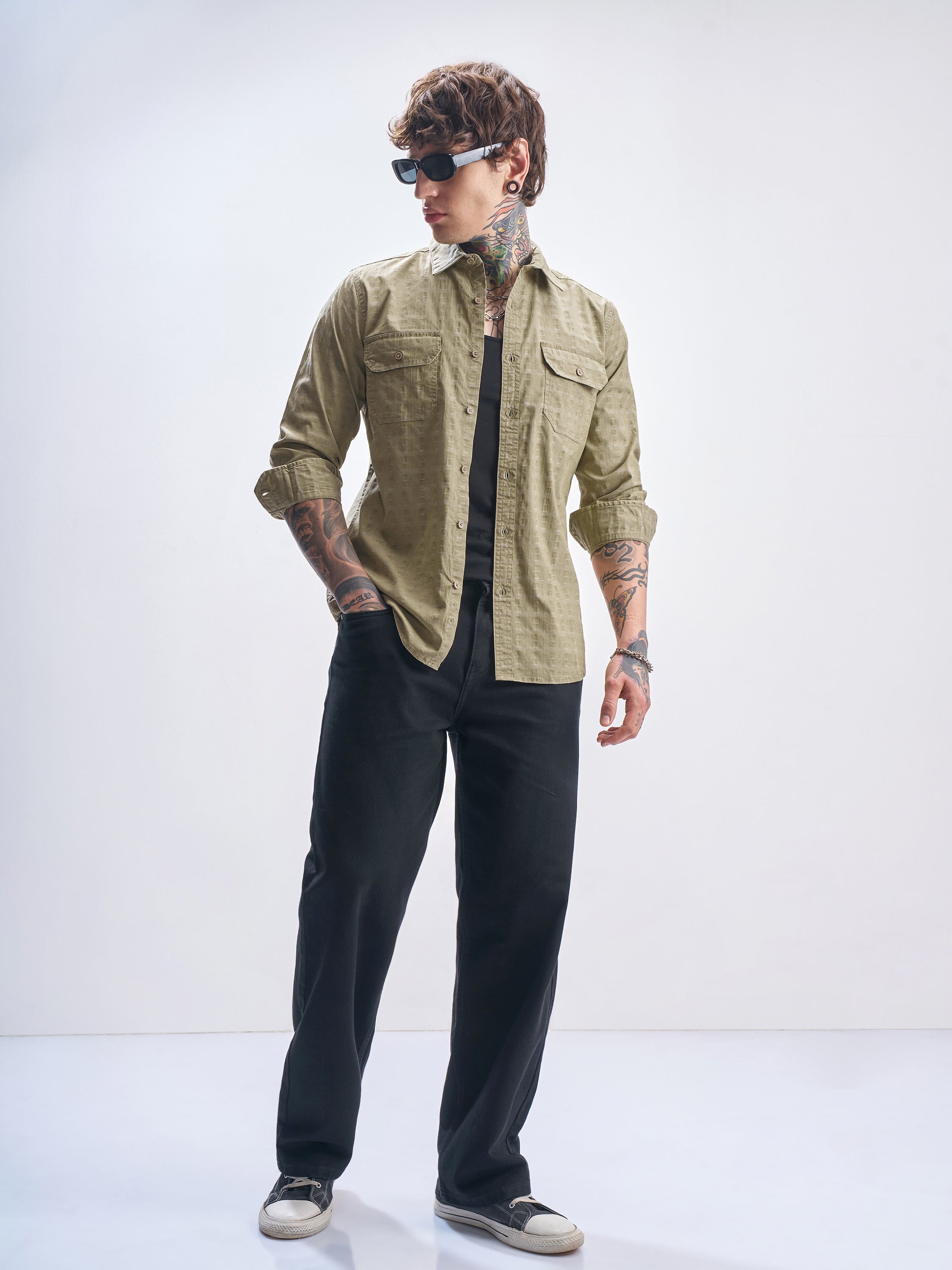Highlander Men Khaki Self Design Slim Fit Casual Shirt - Khaki - Image 2