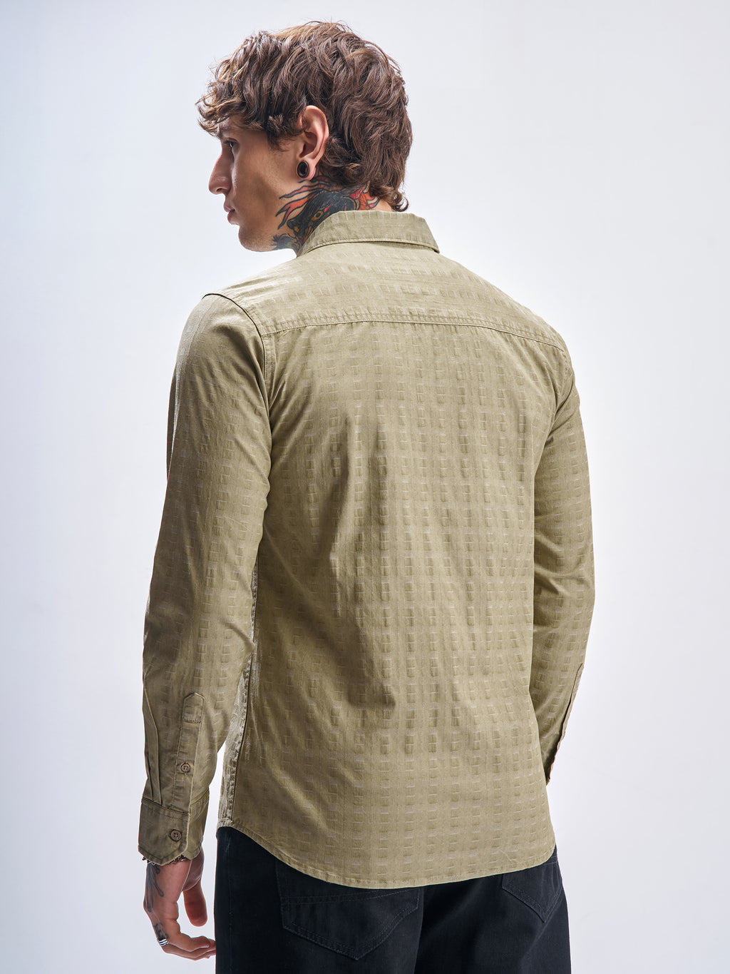 Highlander Men Khaki Self Design Slim Fit Casual Shirt - Khaki - Image 3