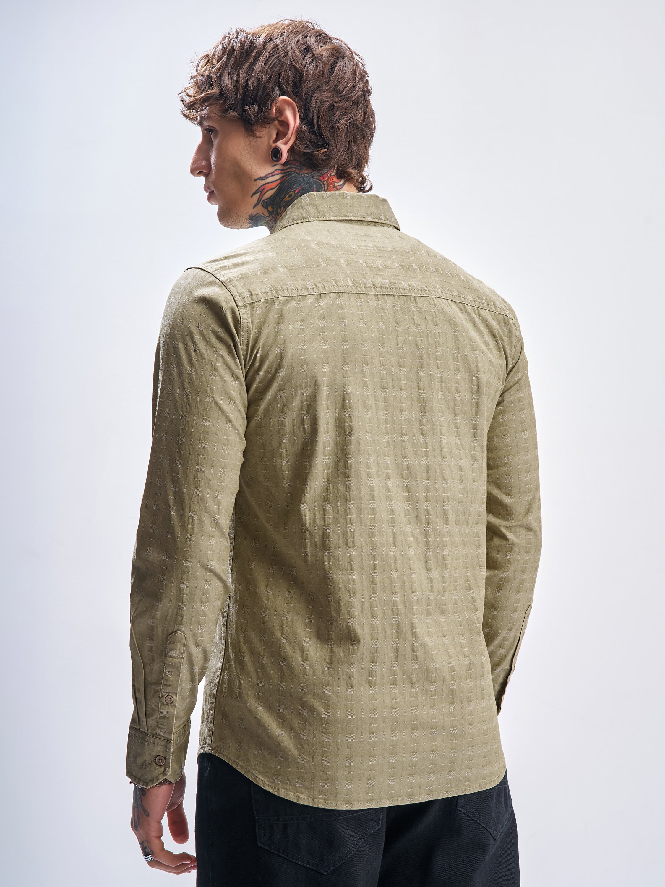 Highlander Men Khaki Self Design Slim Fit Casual Shirt - Khaki - Image 3