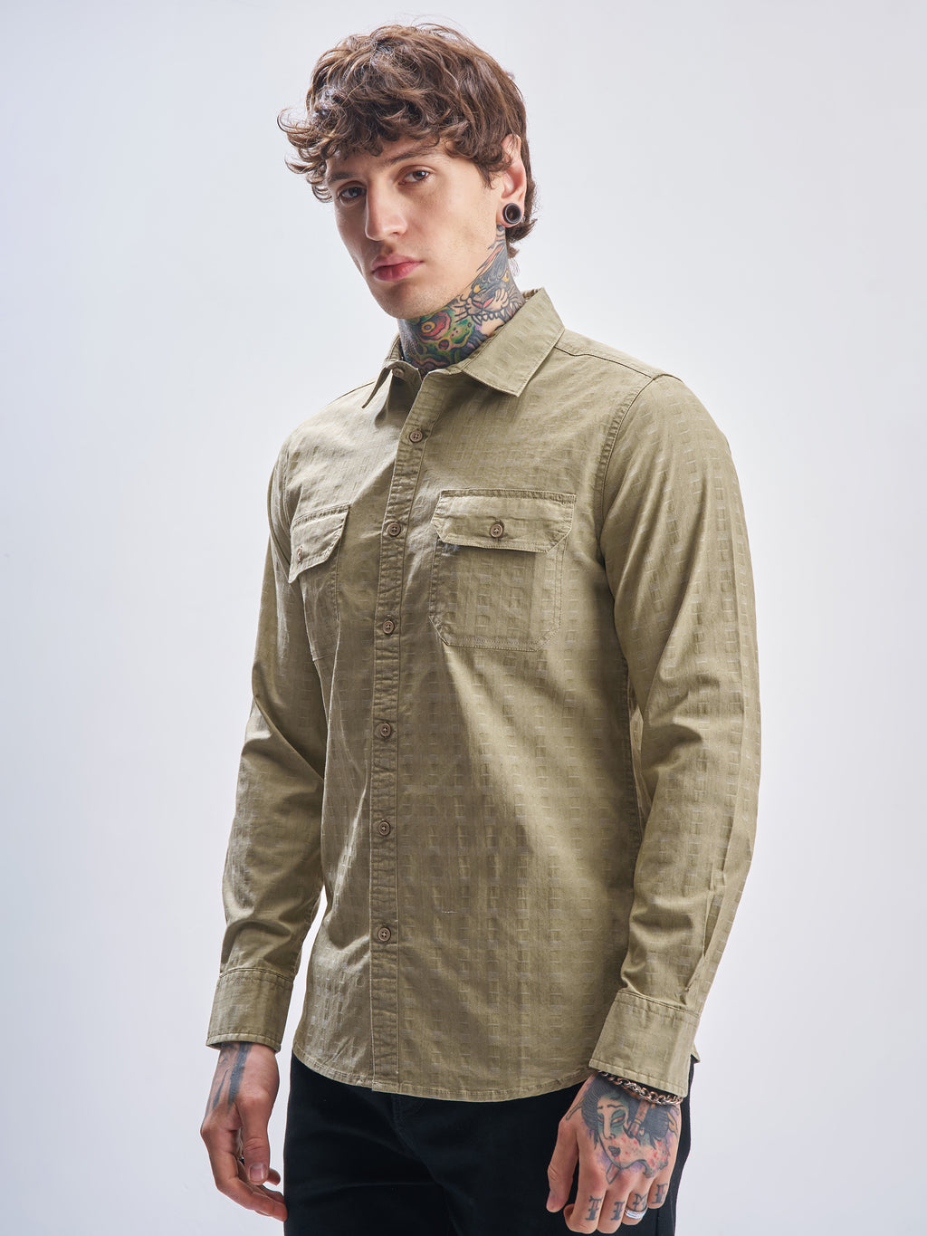 Highlander Men Khaki Self Design Slim Fit Casual Shirt - Khaki - Image 4