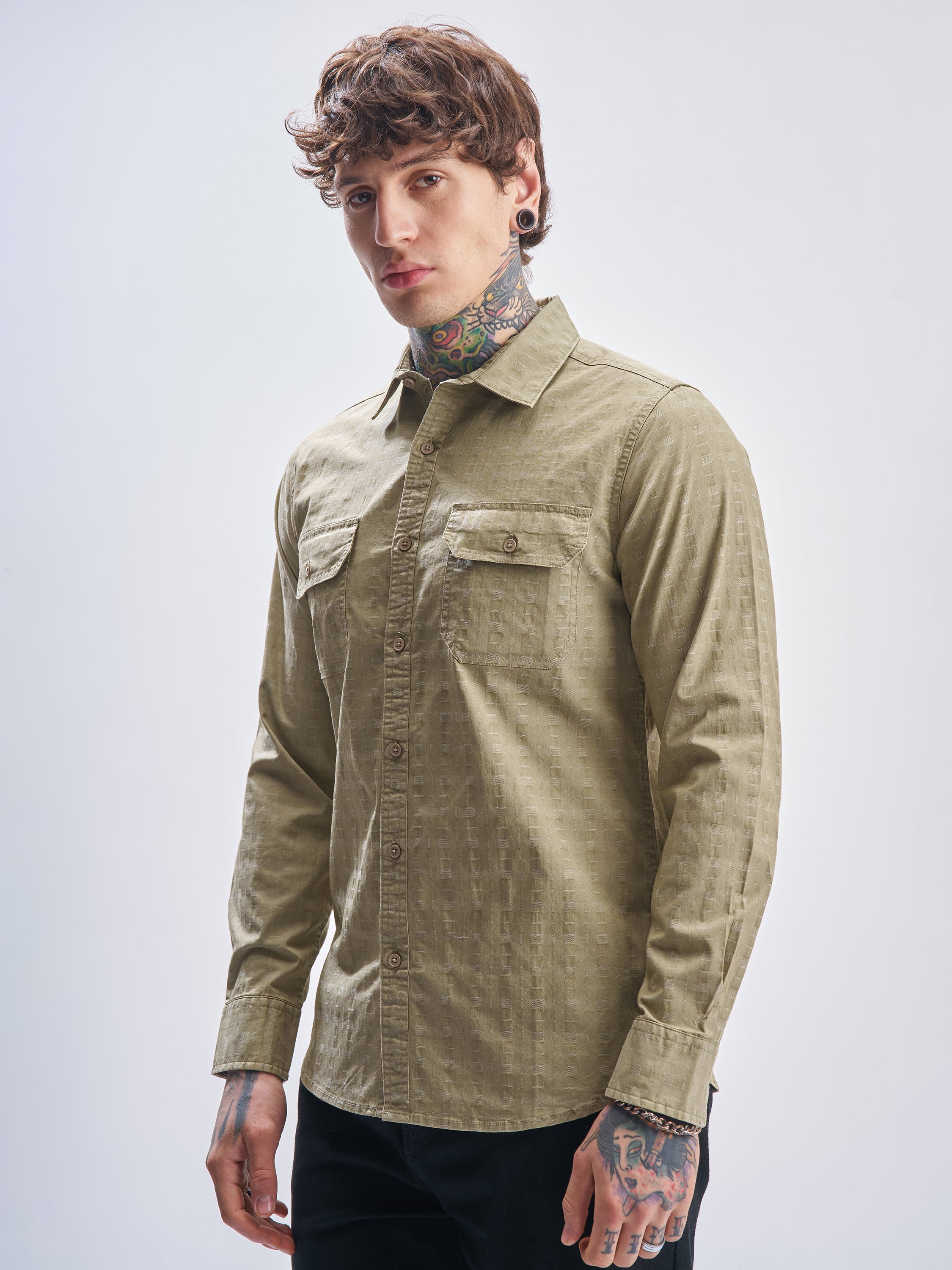 Highlander Men Khaki Self Design Slim Fit Casual Shirt - Khaki - Image 4