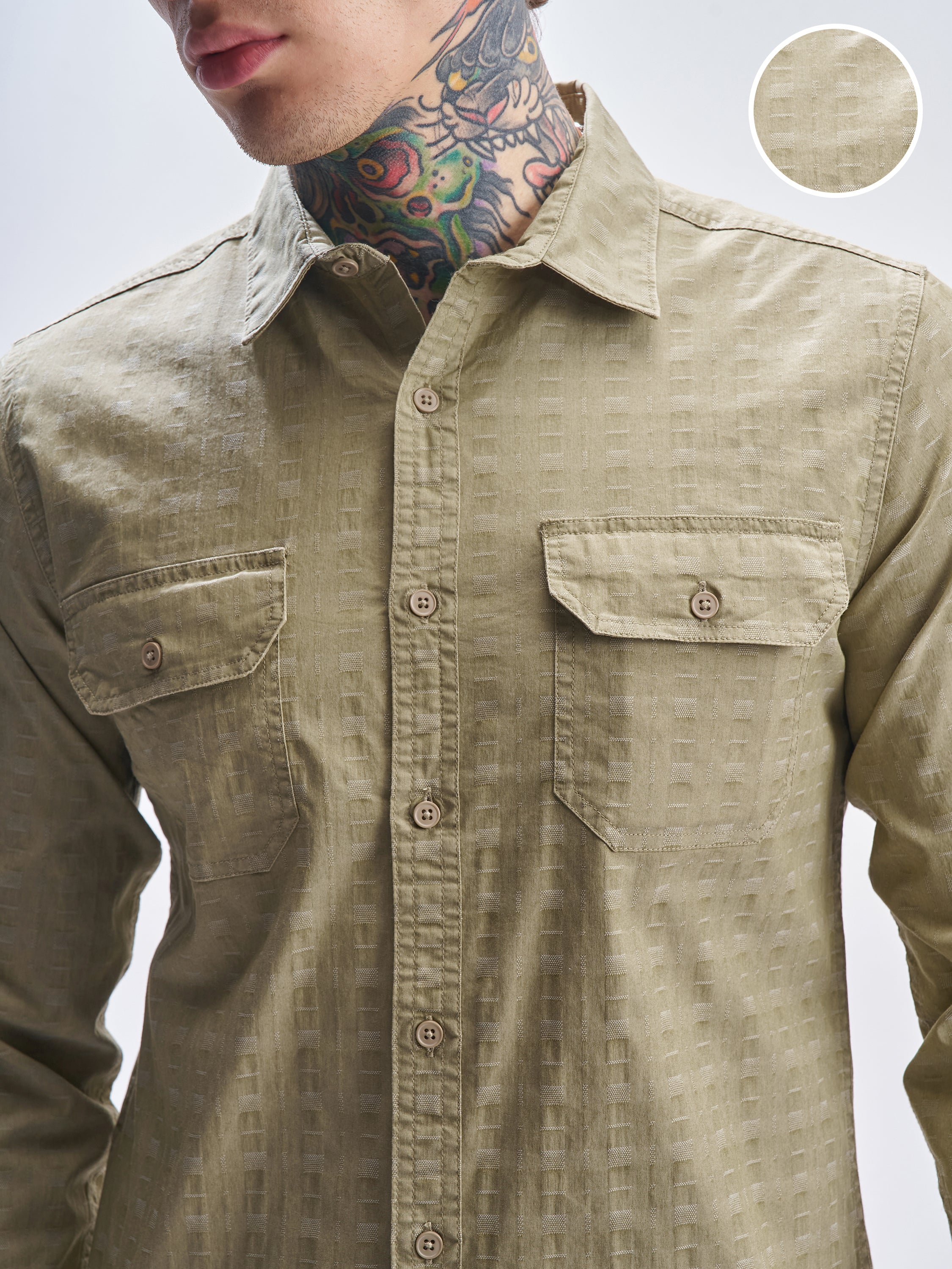 Highlander Men Khaki Self Design Slim Fit Casual Shirt - Khaki - Image 5