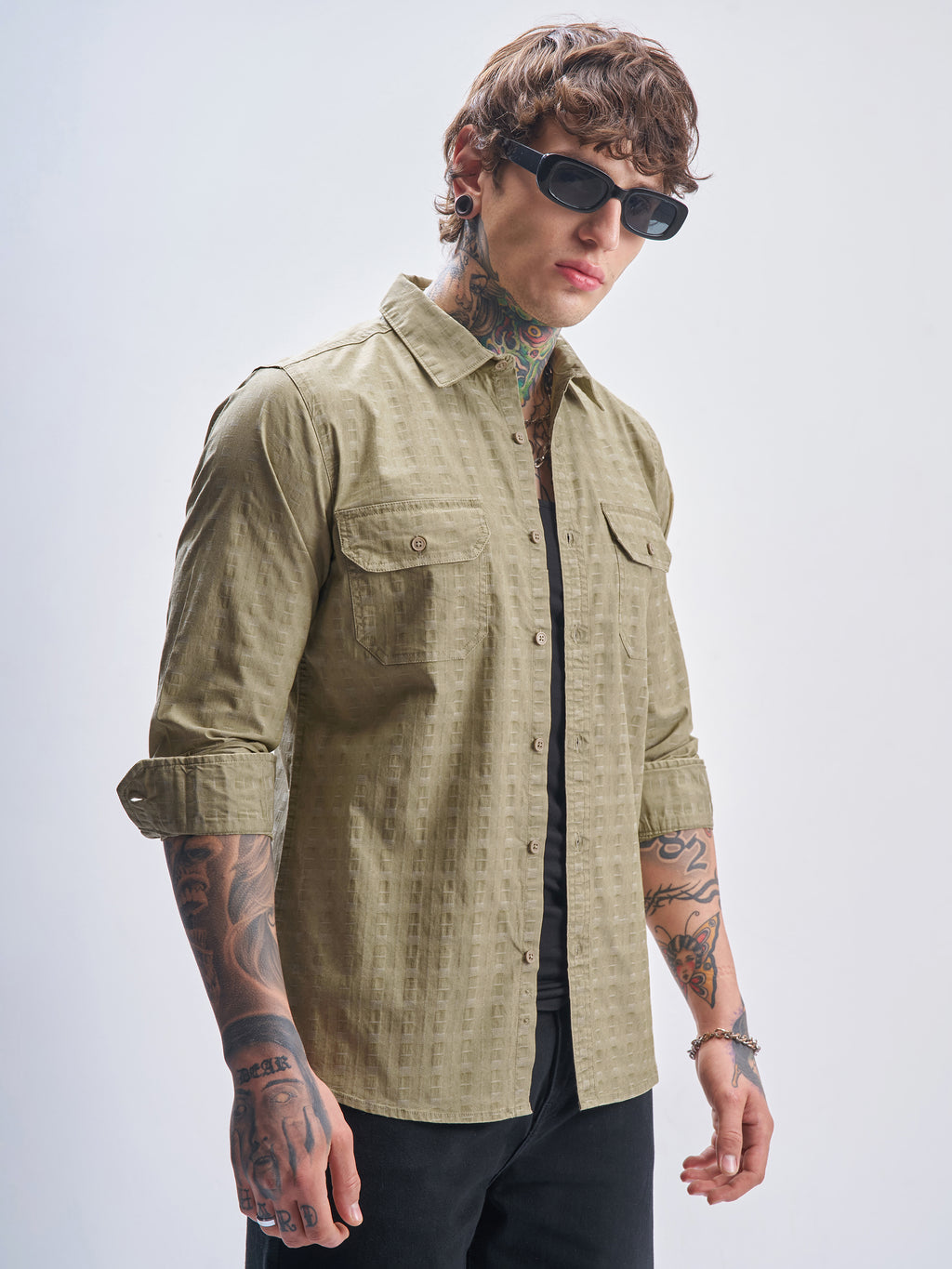 Highlander Men Khaki Self Design Slim Fit Casual Shirt - Khaki - Image 6