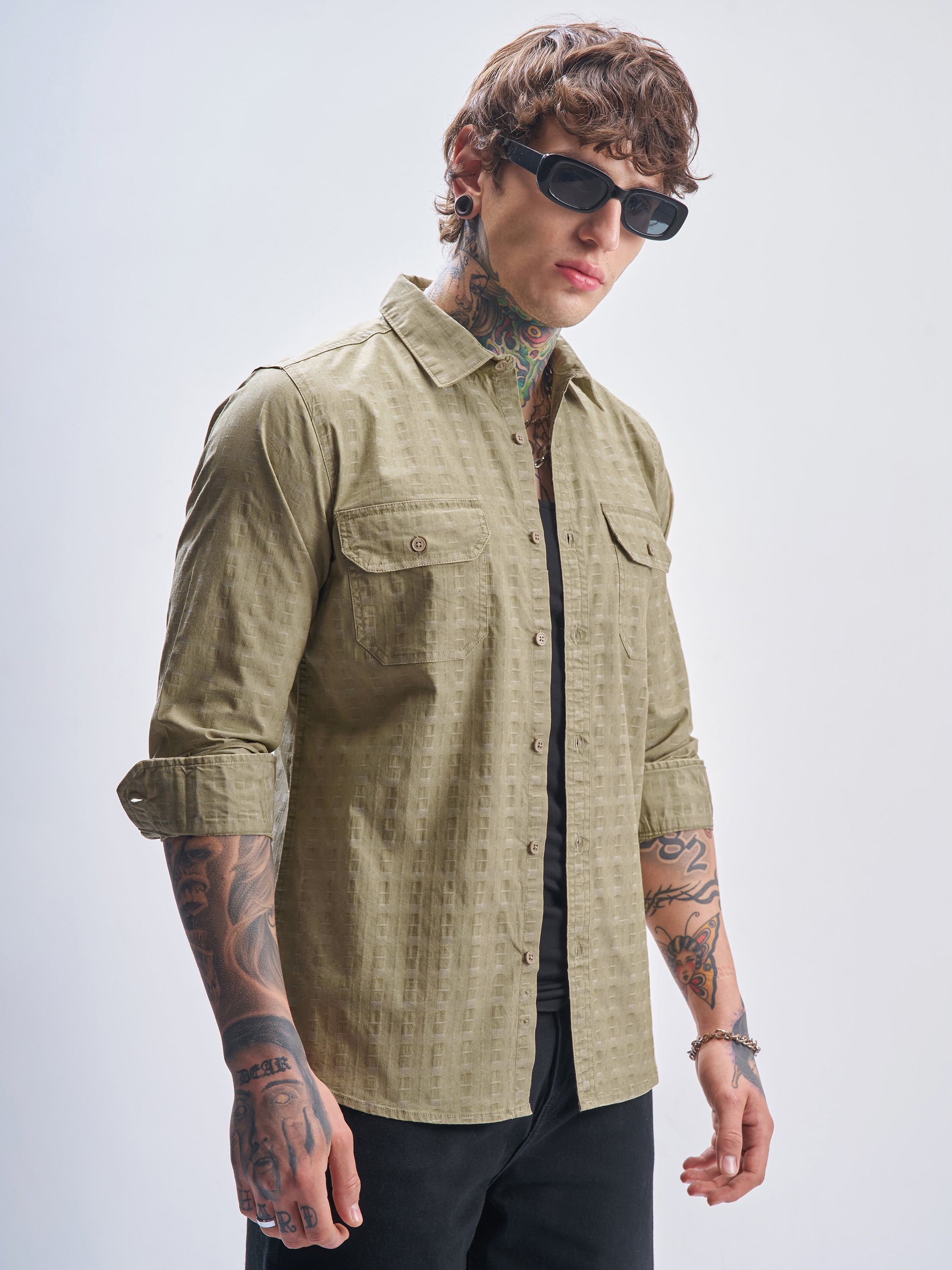 Highlander Men Khaki Self Design Slim Fit Casual Shirt - Khaki - Image 6