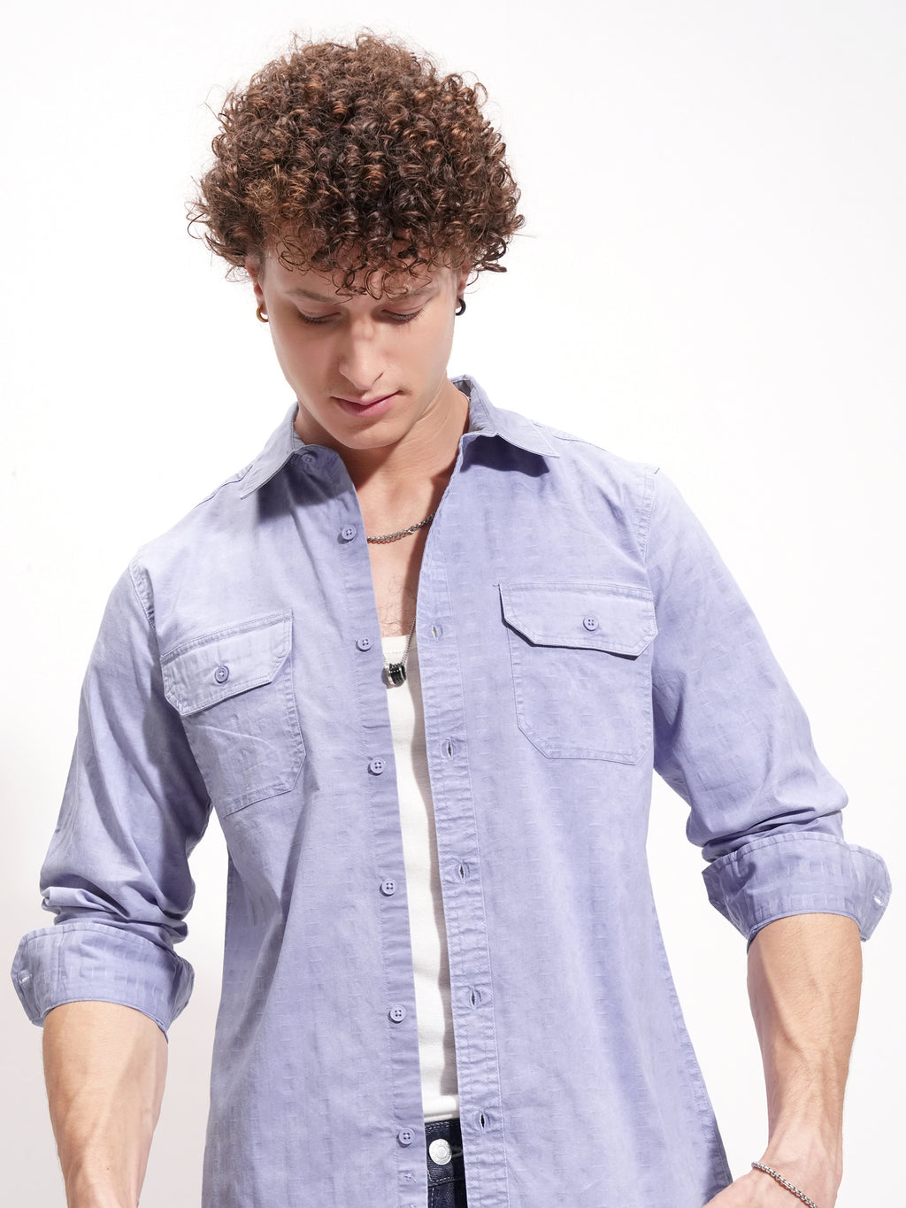 Highlander Men Blue Self Design Slim Fit Casual Shirt - Blue - Image 1