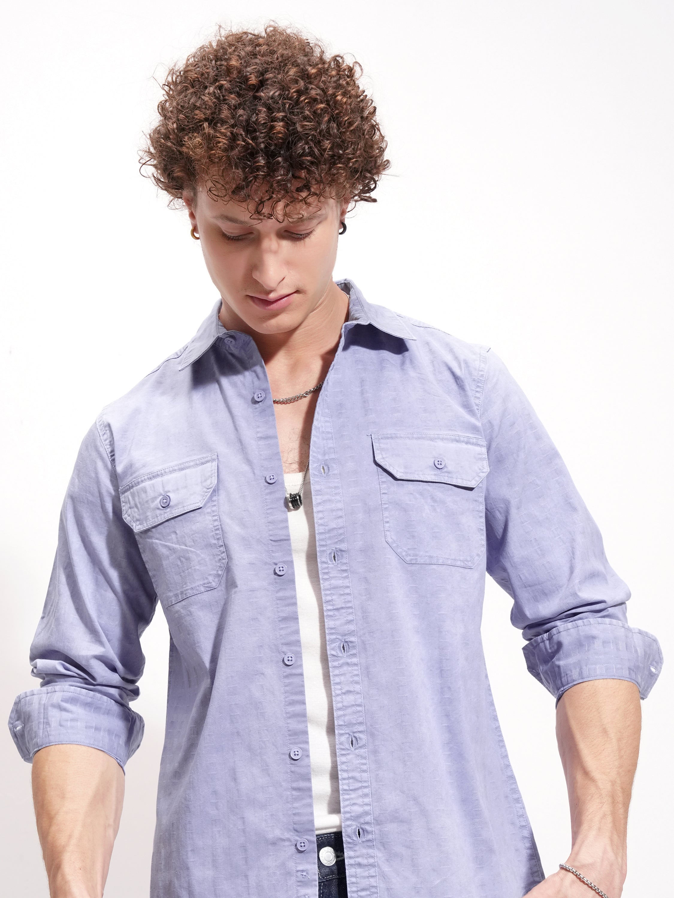 Highlander Men Blue Self Design Slim Fit Casual Shirt - Blue - Image 1