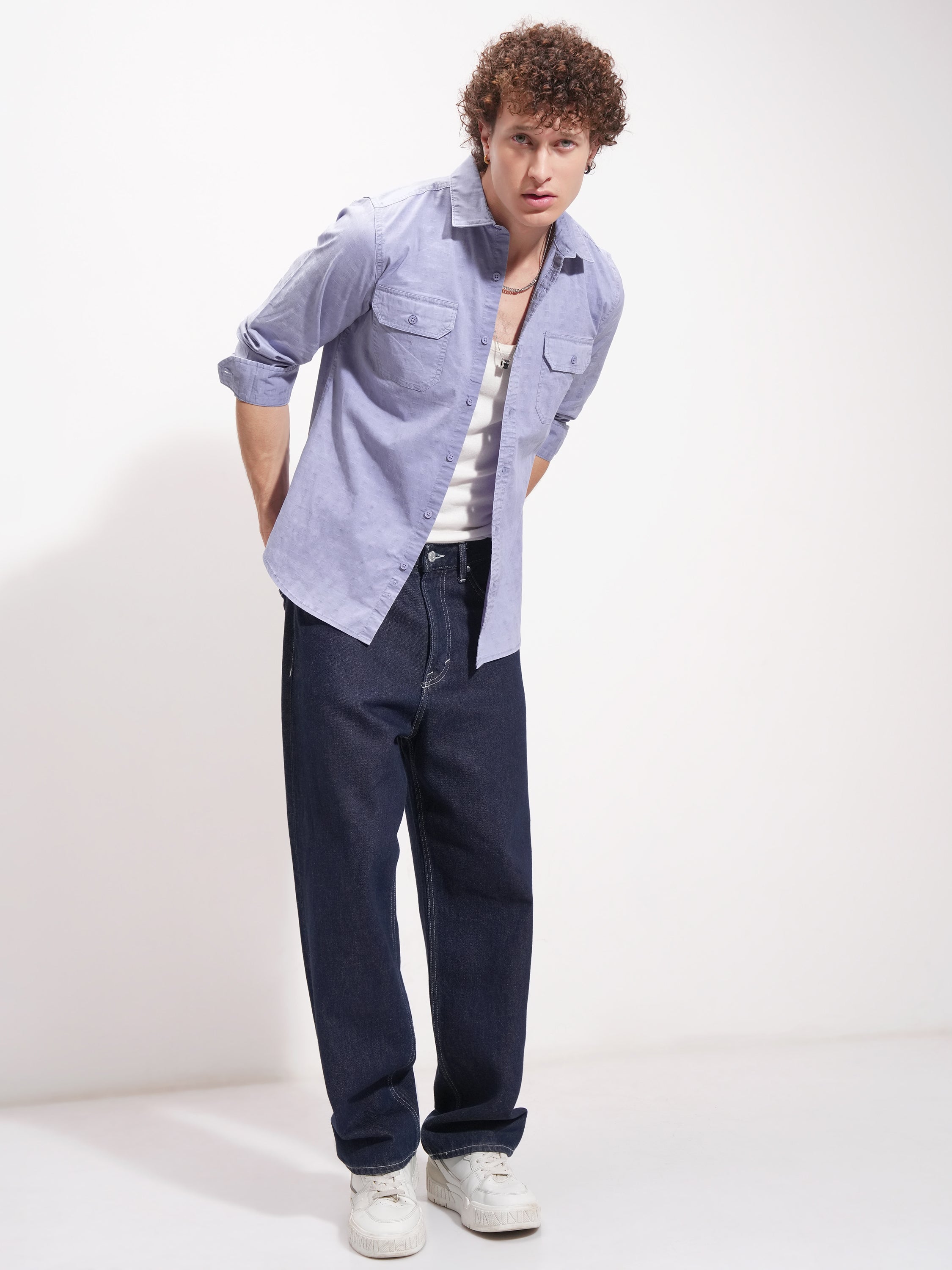 Highlander Men Blue Self Design Slim Fit Casual Shirt - Blue - Image 2