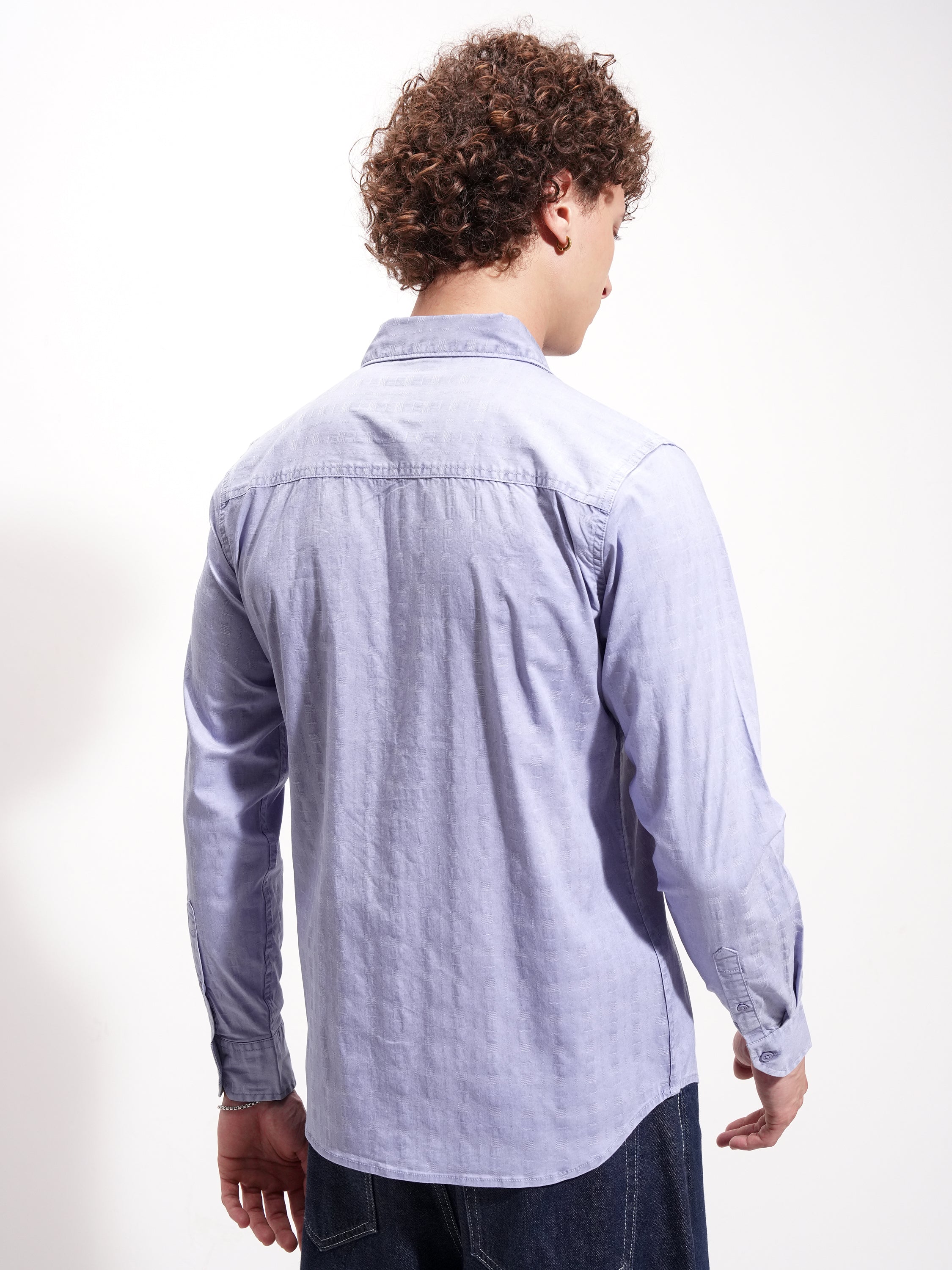 Highlander Men Blue Self Design Slim Fit Casual Shirt - Blue - Image 3