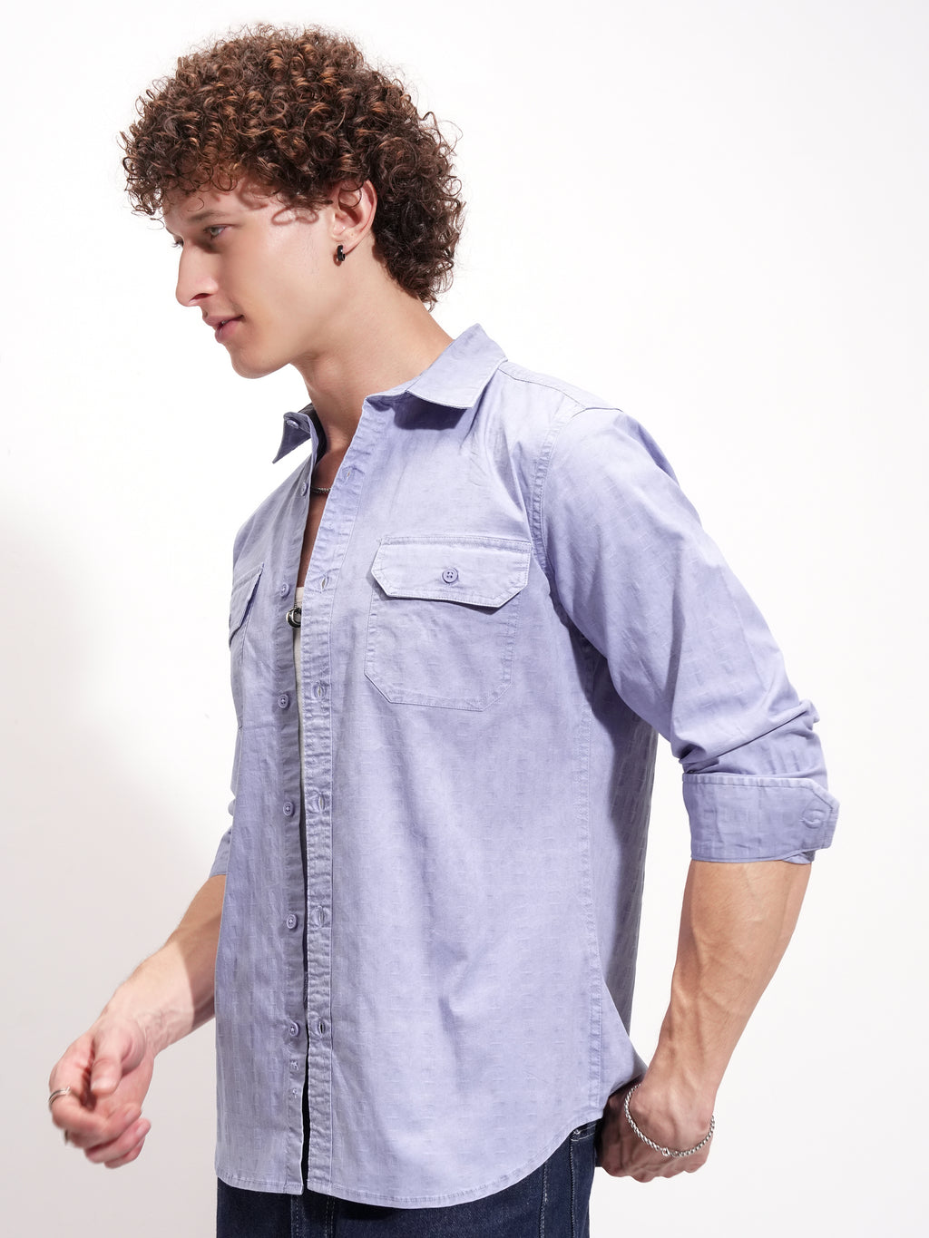 Highlander Men Blue Self Design Slim Fit Casual Shirt - Blue - Image 4