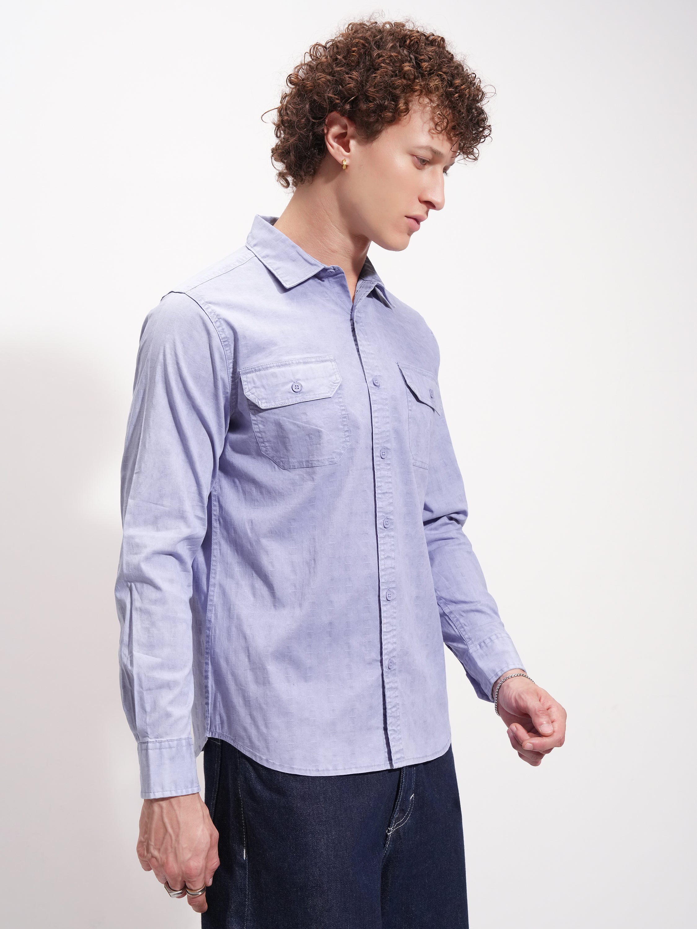 Highlander Men Blue Self Design Slim Fit Casual Shirt - Blue - Image 6