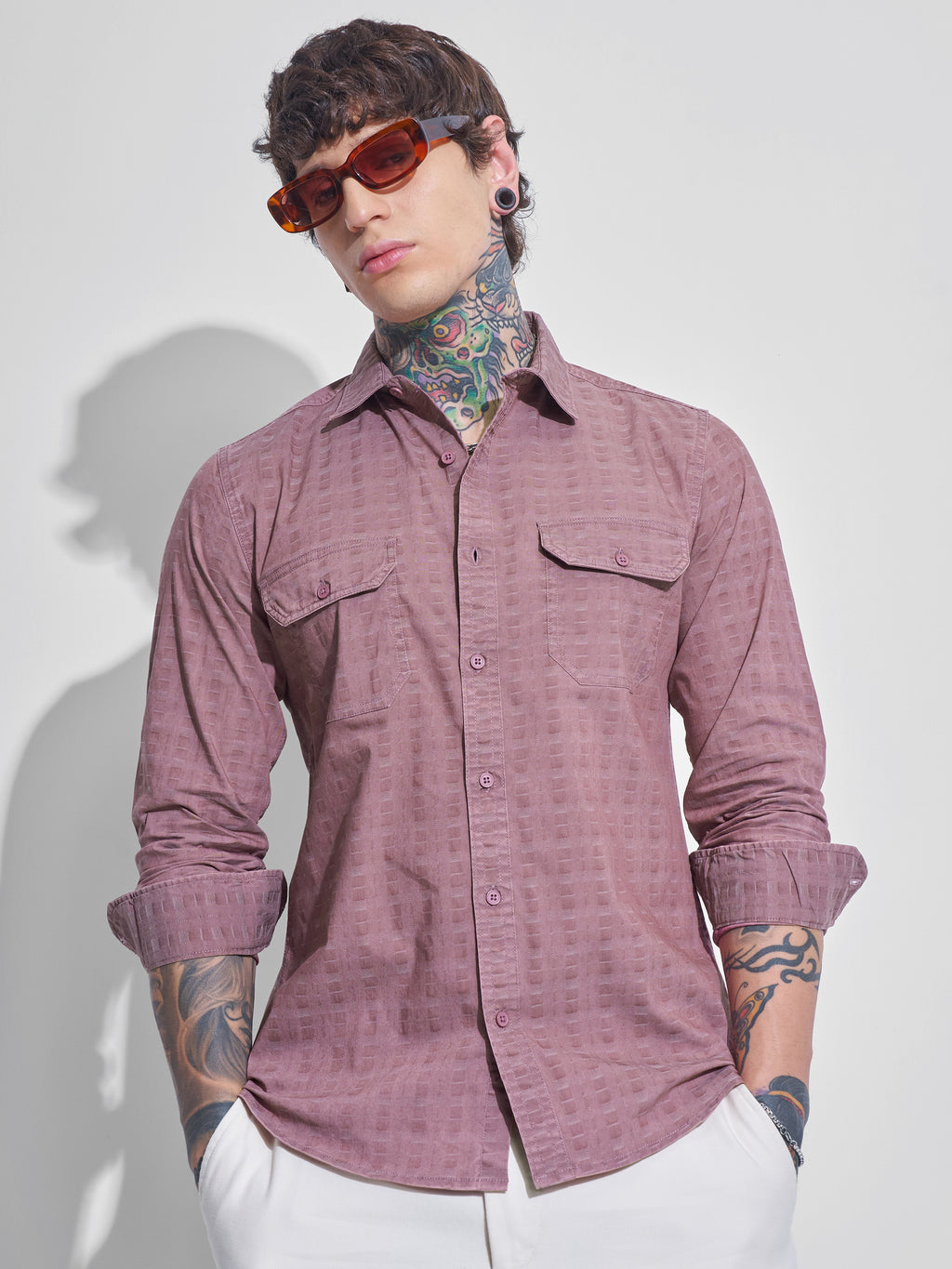 Highlander Men Mauve Self Design Slim Fit Casual Shirt - Mauve - Image 1