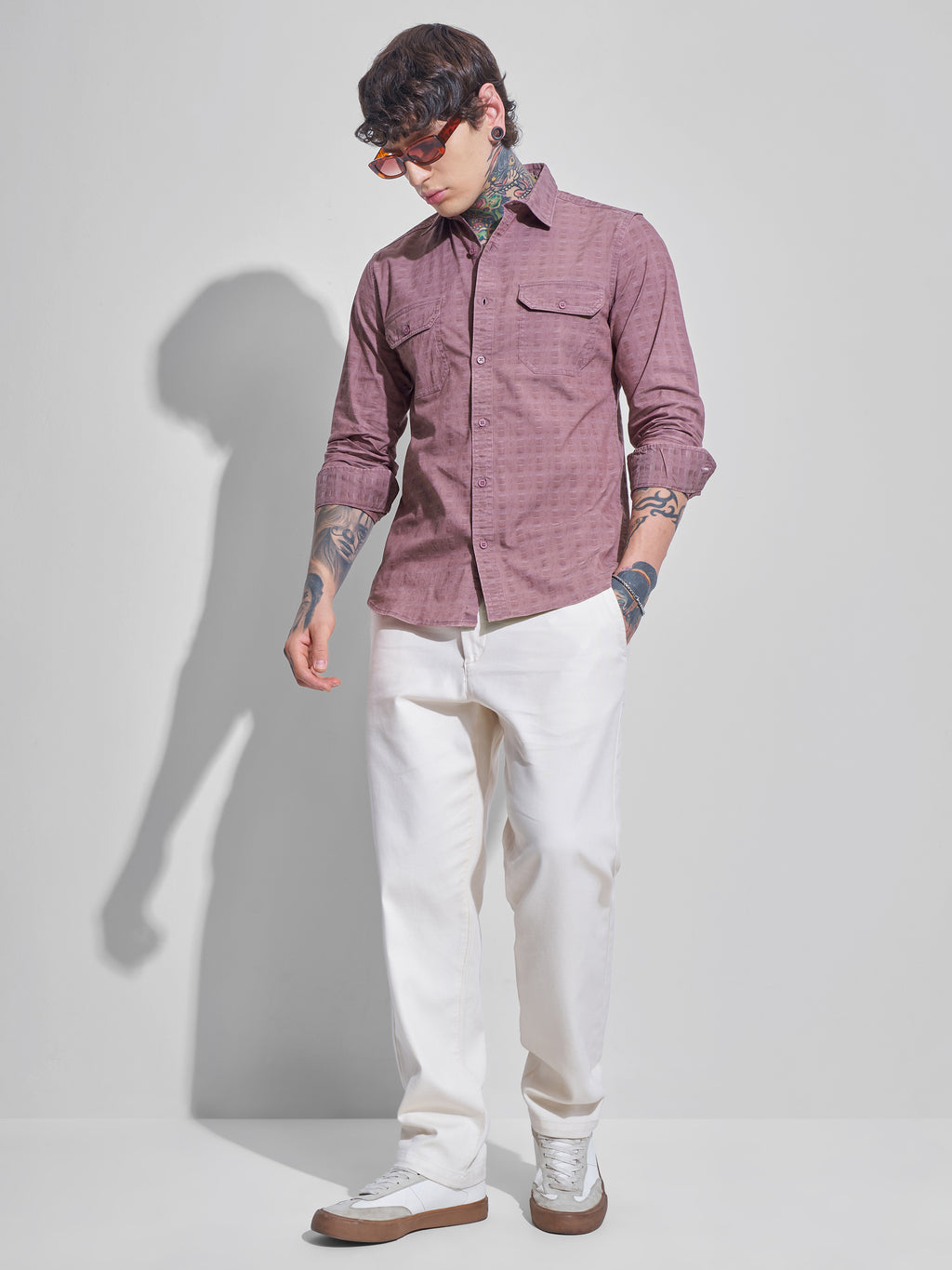 Highlander Men Mauve Self Design Slim Fit Casual Shirt - Mauve - Image 2