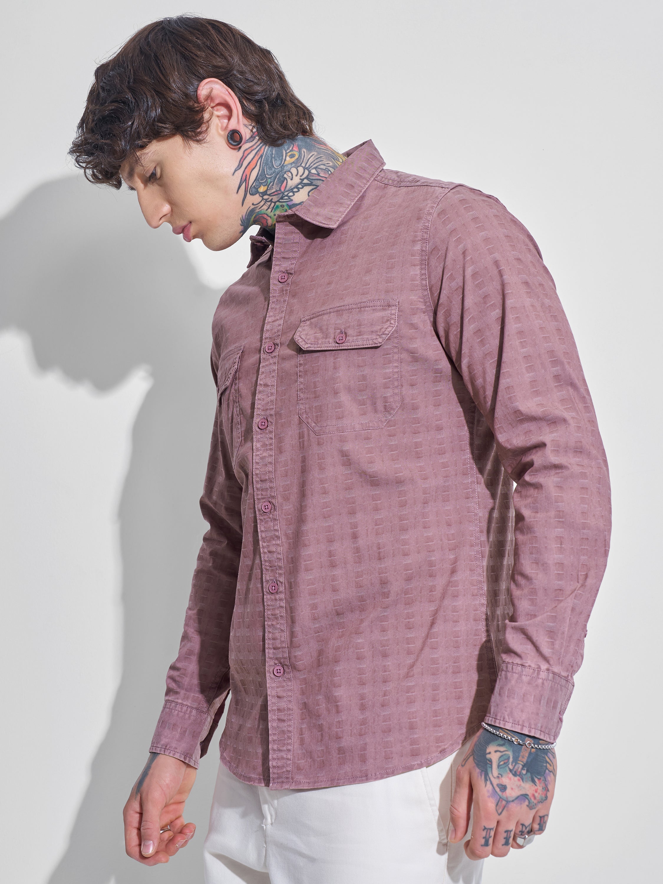 Highlander Men Mauve Self Design Slim Fit Casual Shirt - Mauve - Image 4