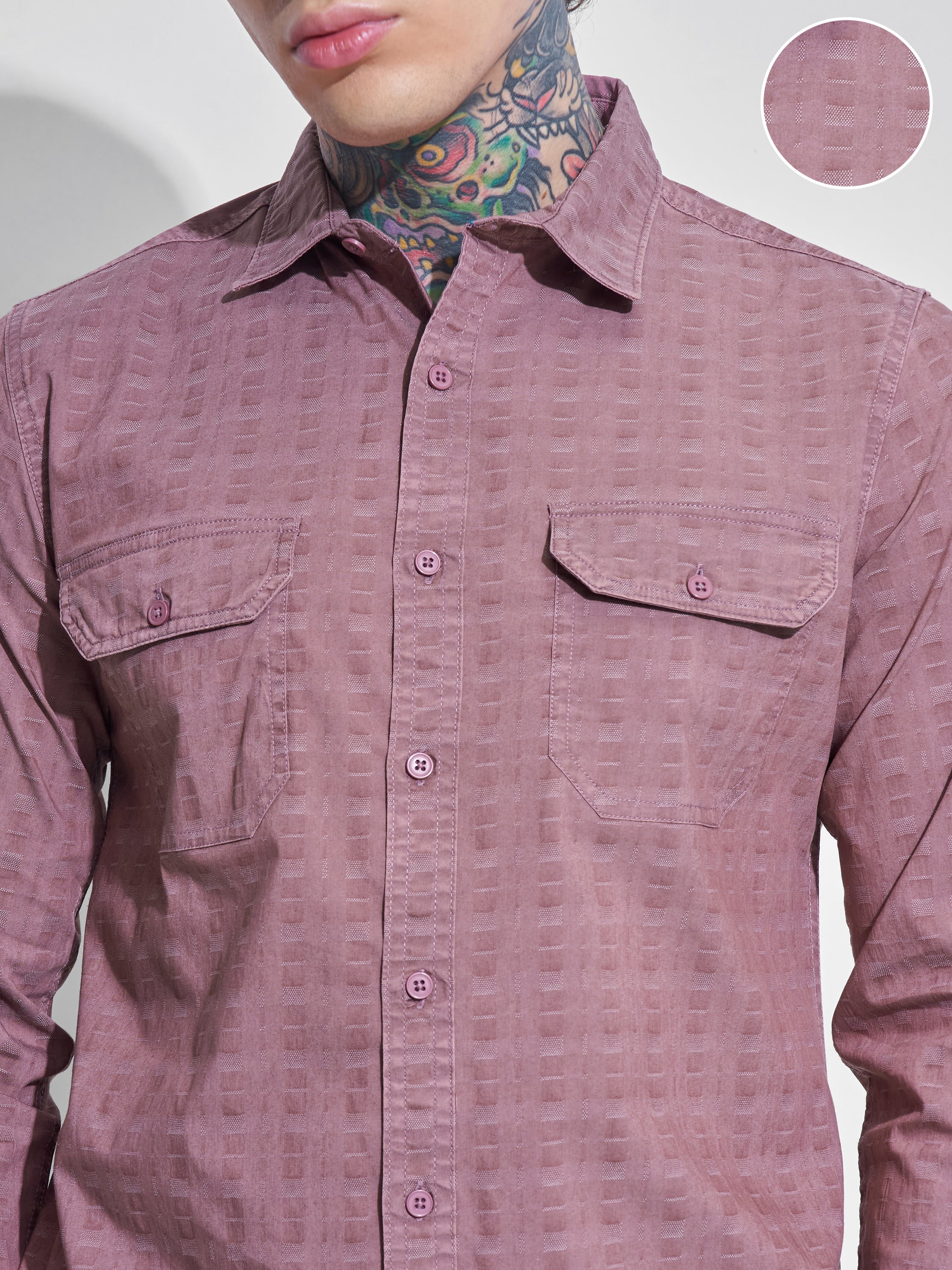 Highlander Men Mauve Self Design Slim Fit Casual Shirt - Mauve - Image 5