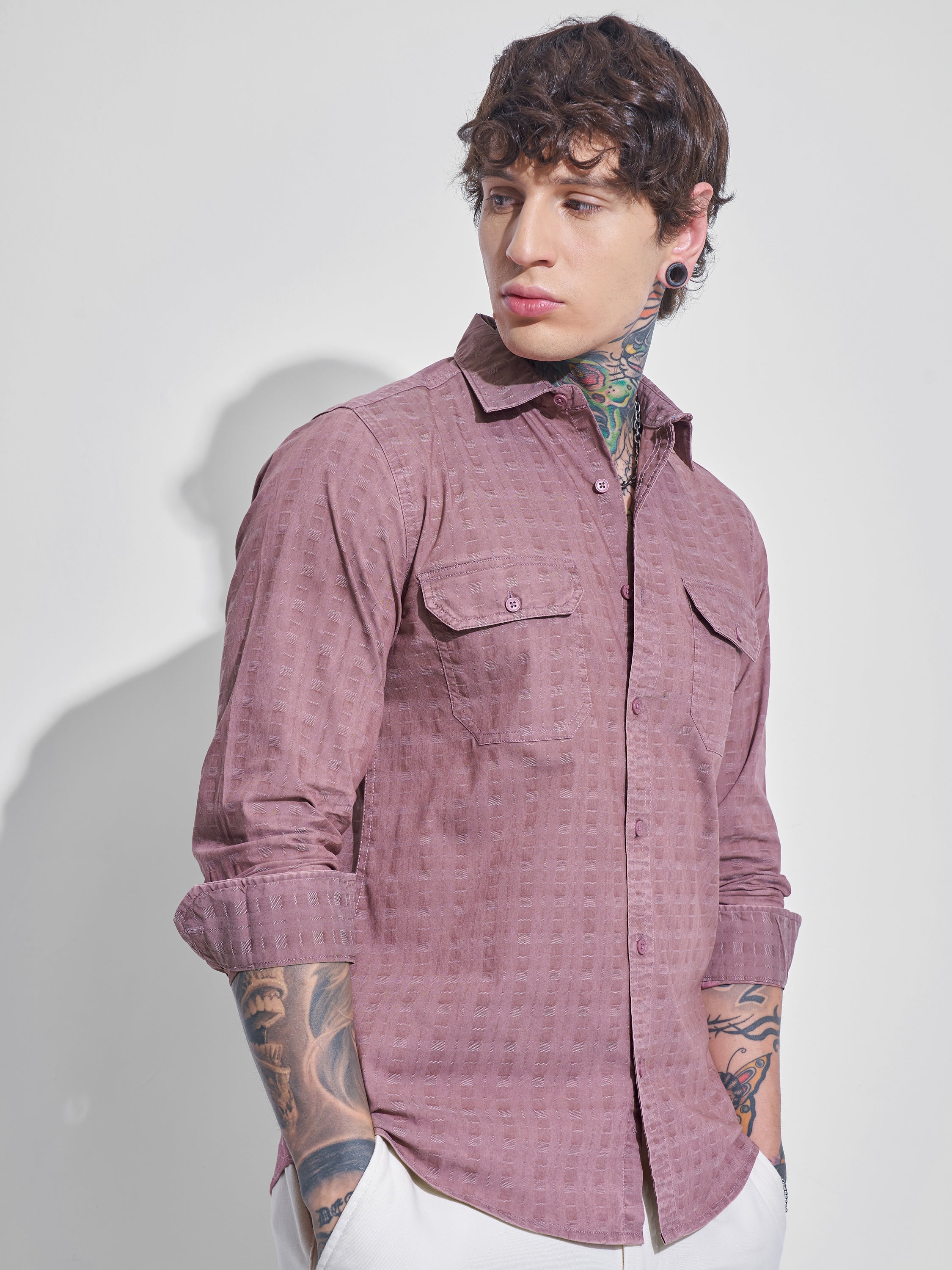 Highlander Men Mauve Self Design Slim Fit Casual Shirt - Mauve - Image 6