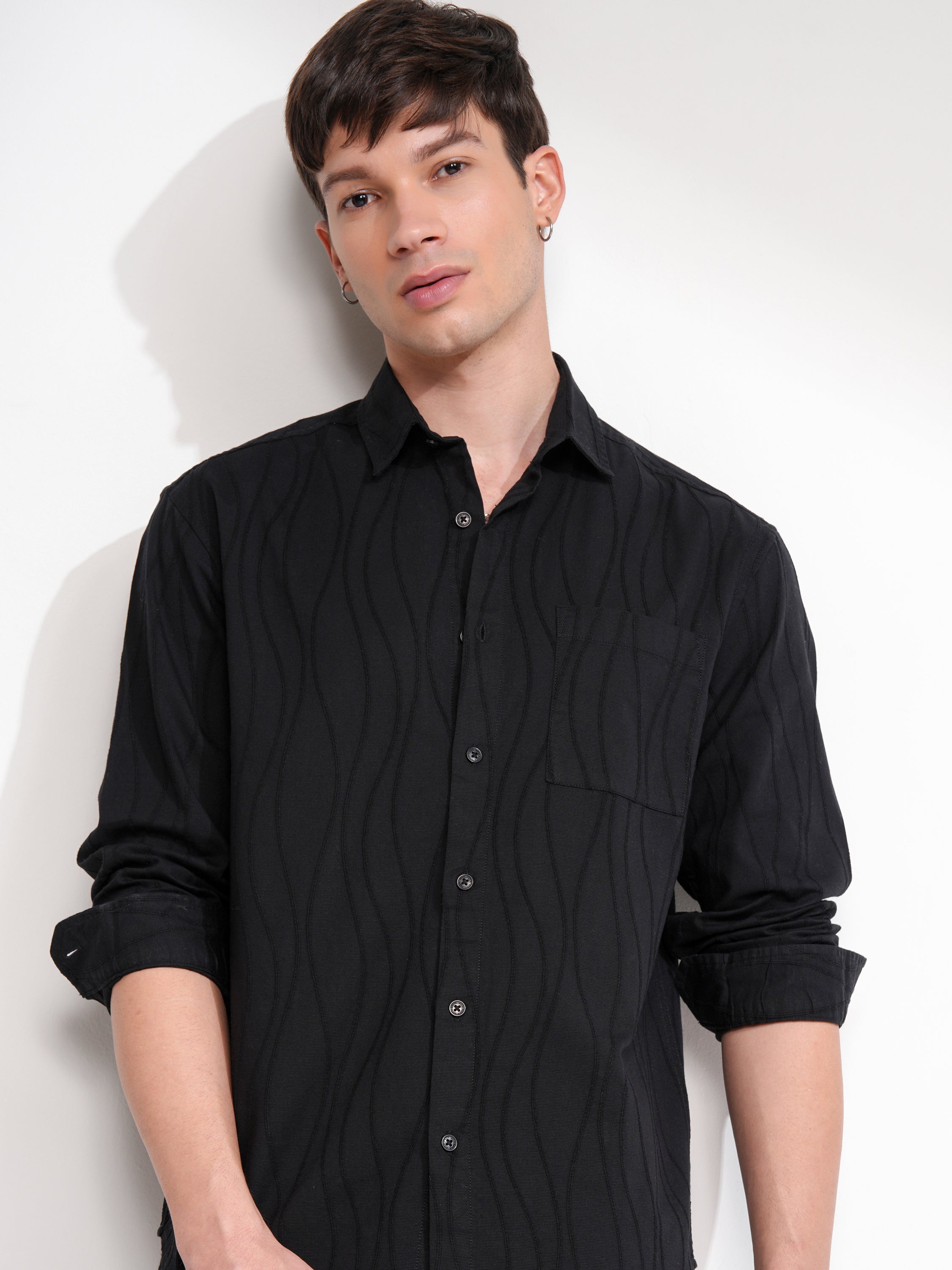 Highlander Men Black Self Design Relaxed Fit Casual Shirt - Black - Image 1