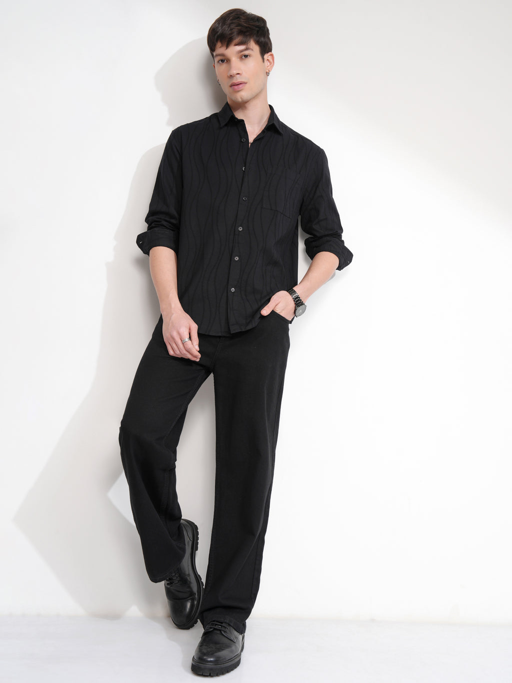 Highlander Men Black Self Design Relaxed Fit Casual Shirt - Black - Image 2