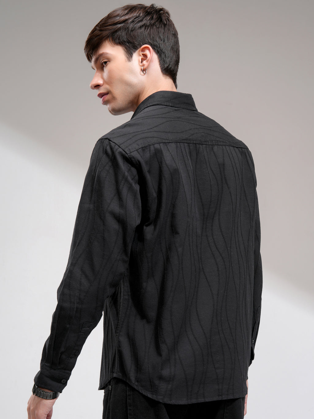 Highlander Men Black Self Design Relaxed Fit Casual Shirt - Black - Image 3