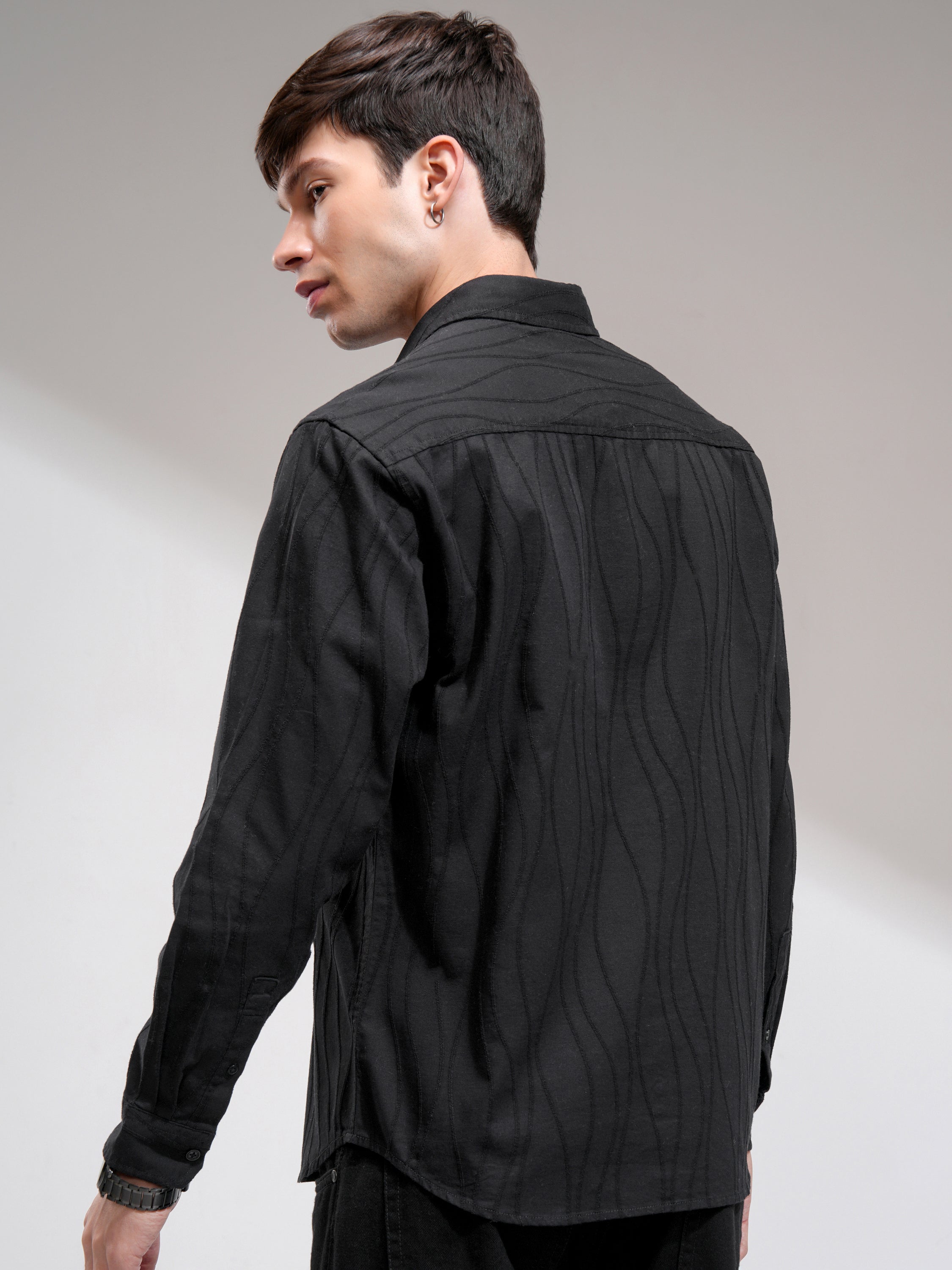 Highlander Men Black Self Design Relaxed Fit Casual Shirt - Black - Image 3