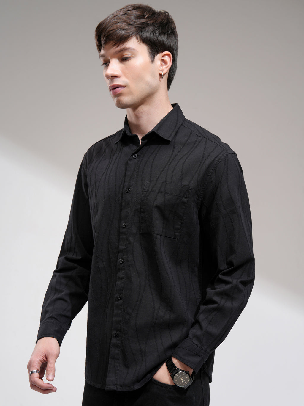 Highlander Men Black Self Design Relaxed Fit Casual Shirt - Black - Image 4