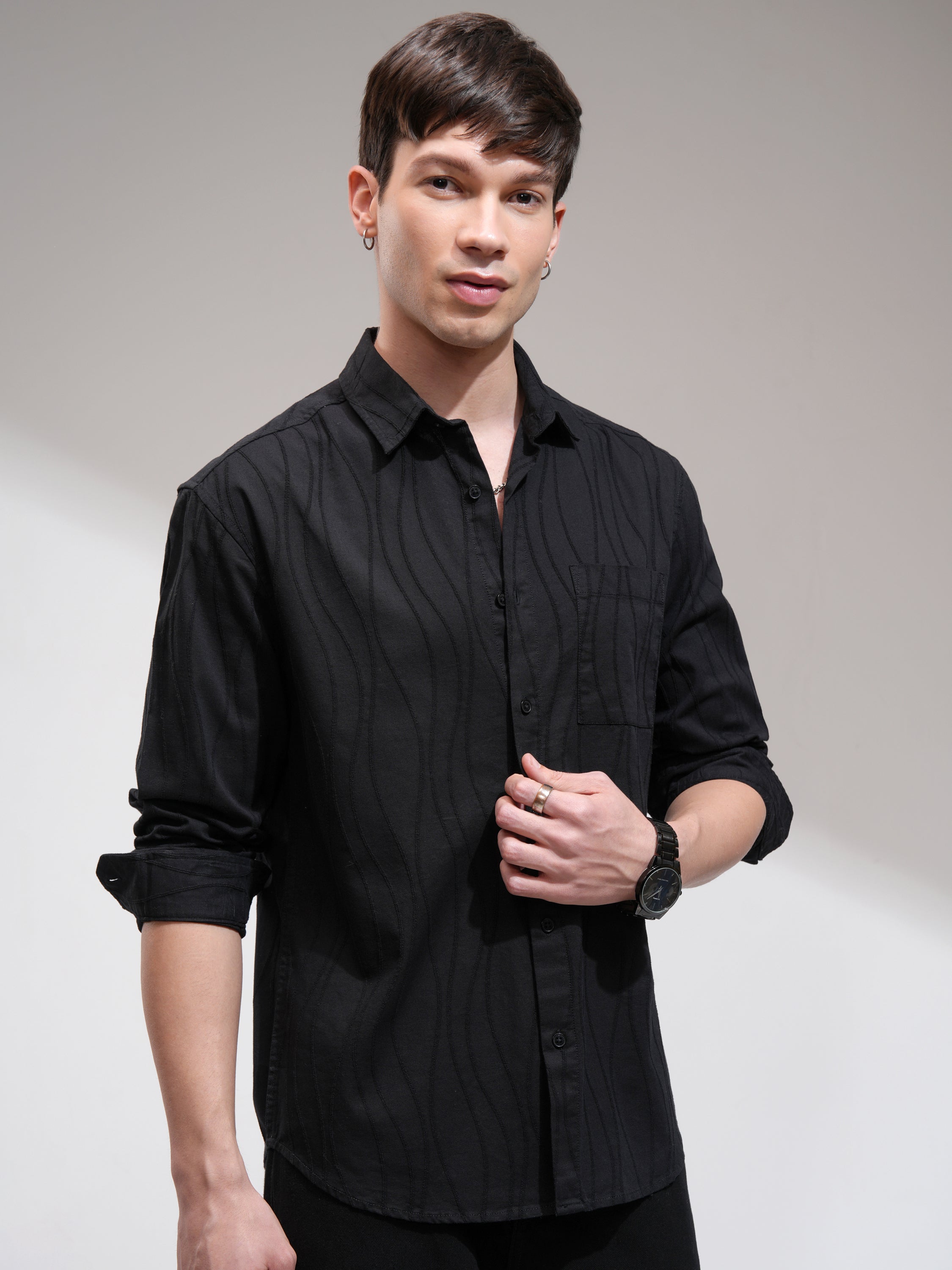Highlander Men Black Self Design Relaxed Fit Casual Shirt - Black - Image 6