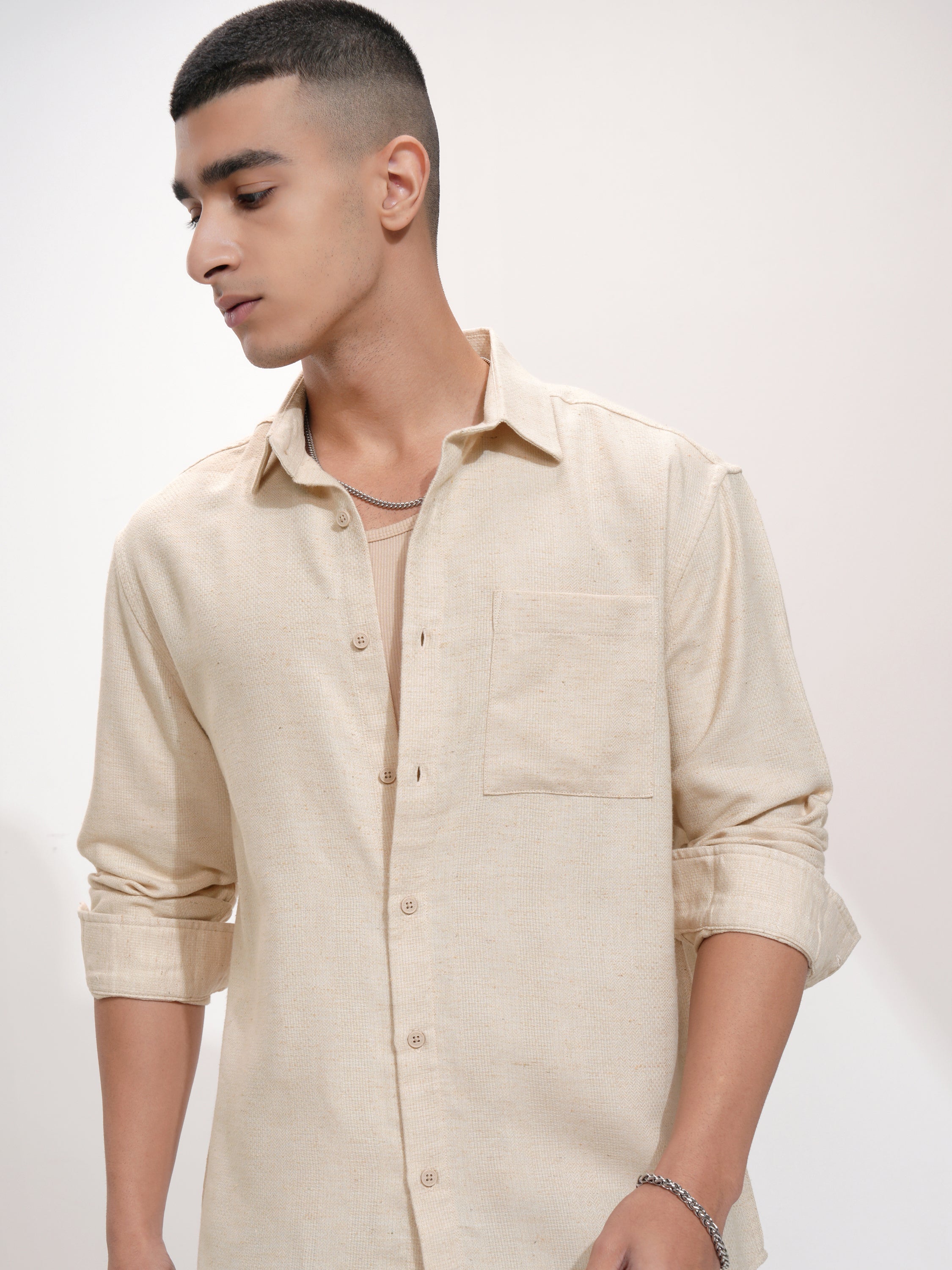 Highlander Men Beige Solid Relaxed Fit Casual Shirt - Beige - Image 1