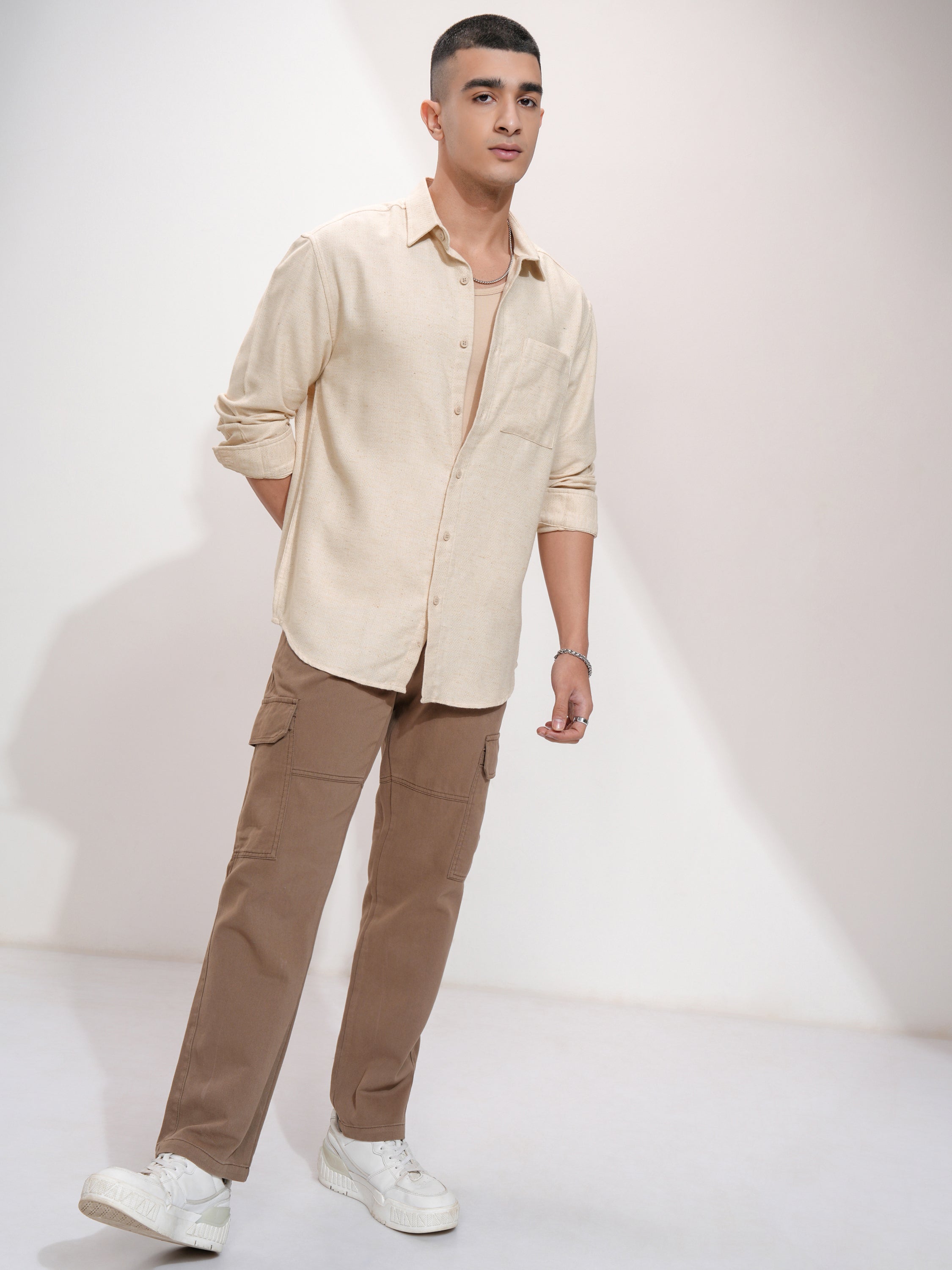 Highlander Men Beige Solid Relaxed Fit Casual Shirt - Beige - Image 2