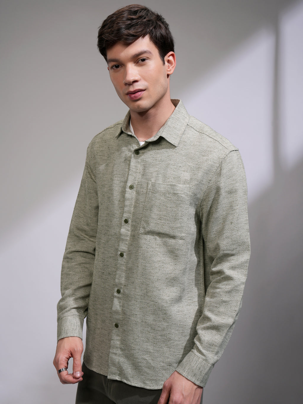Highlander Men Olive Self Design Relaxed Fit Casual Shirt - Olive - Image 4
