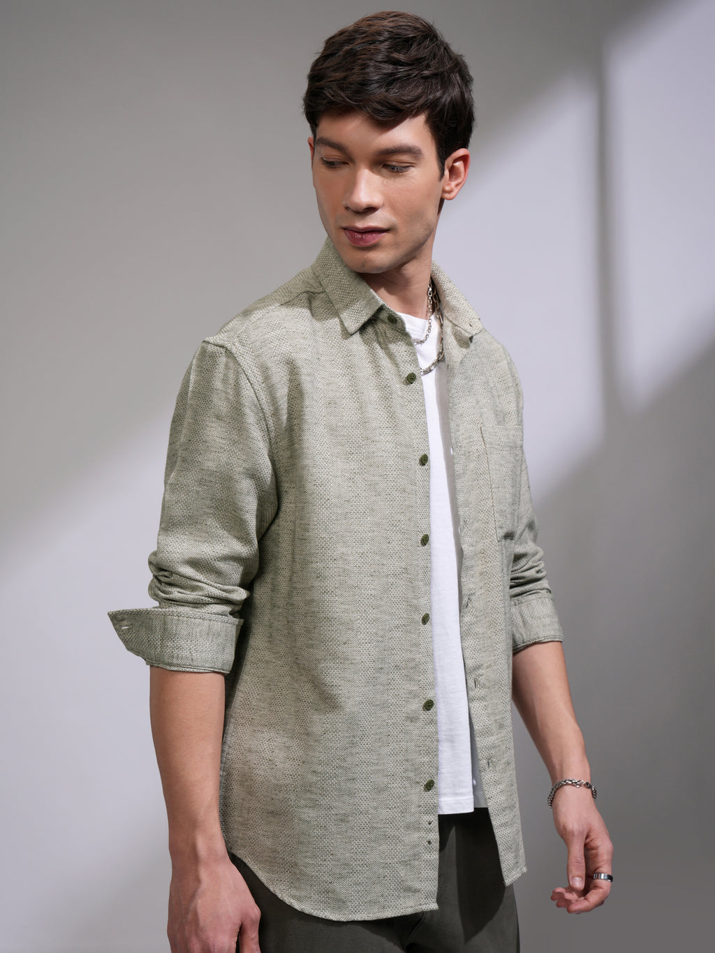 Highlander Men Olive Self Design Relaxed Fit Casual Shirt - Olive - Image 6