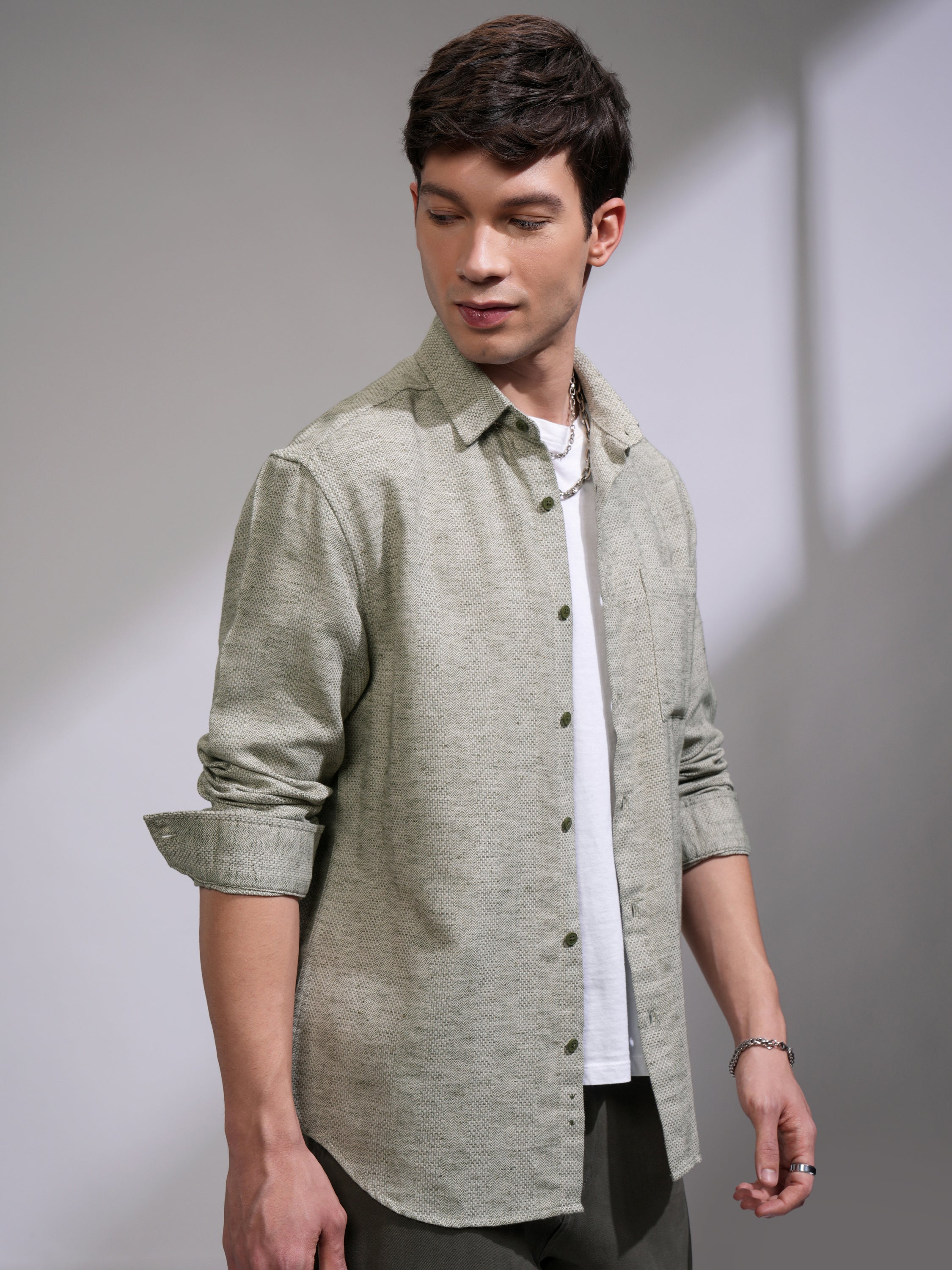 Highlander Men Olive Self Design Relaxed Fit Casual Shirt - Olive - Image 6