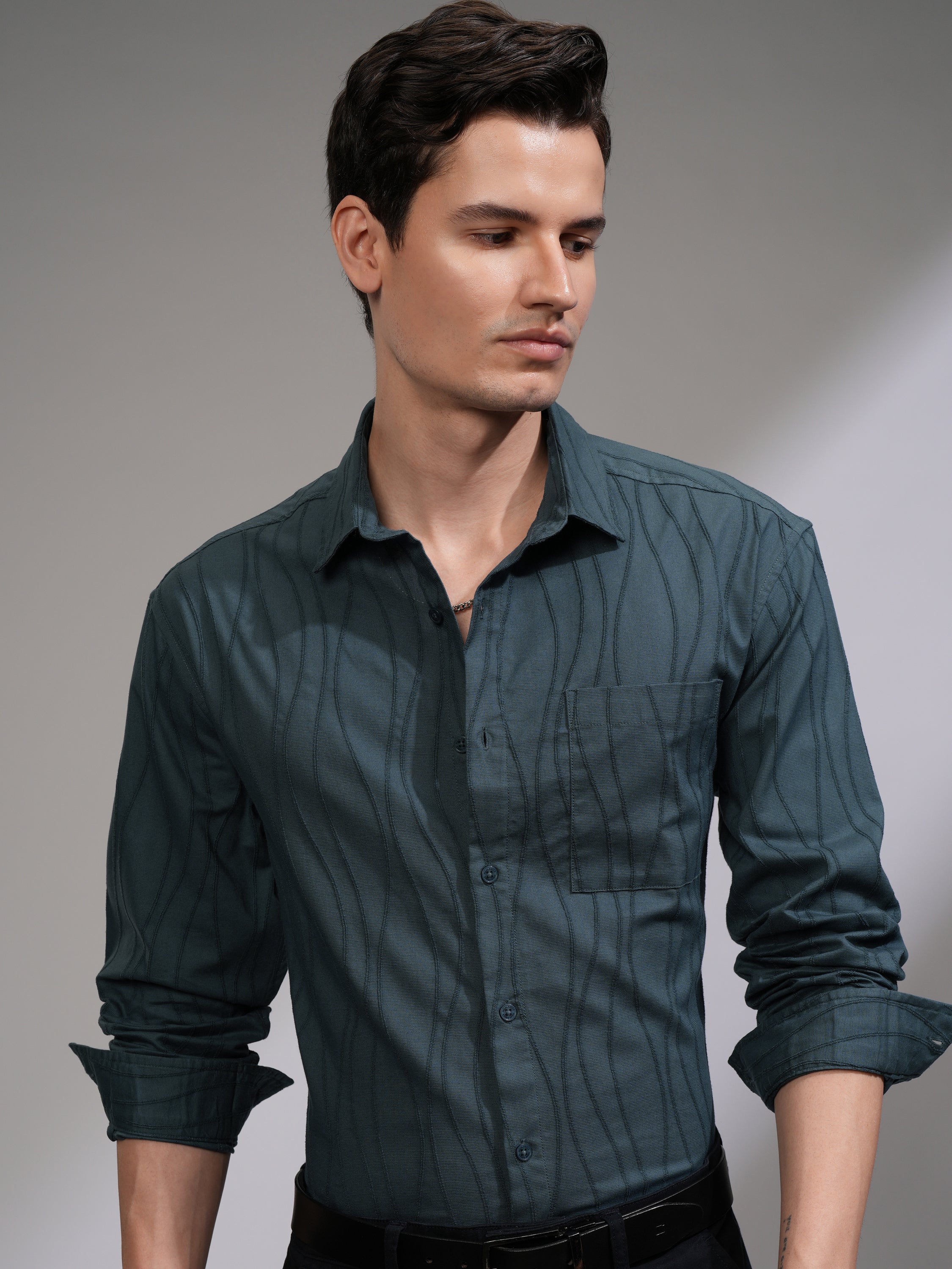 Highlander Men Teal Textured Relaxed Fit Casual Shirt - Teal - Image 1
