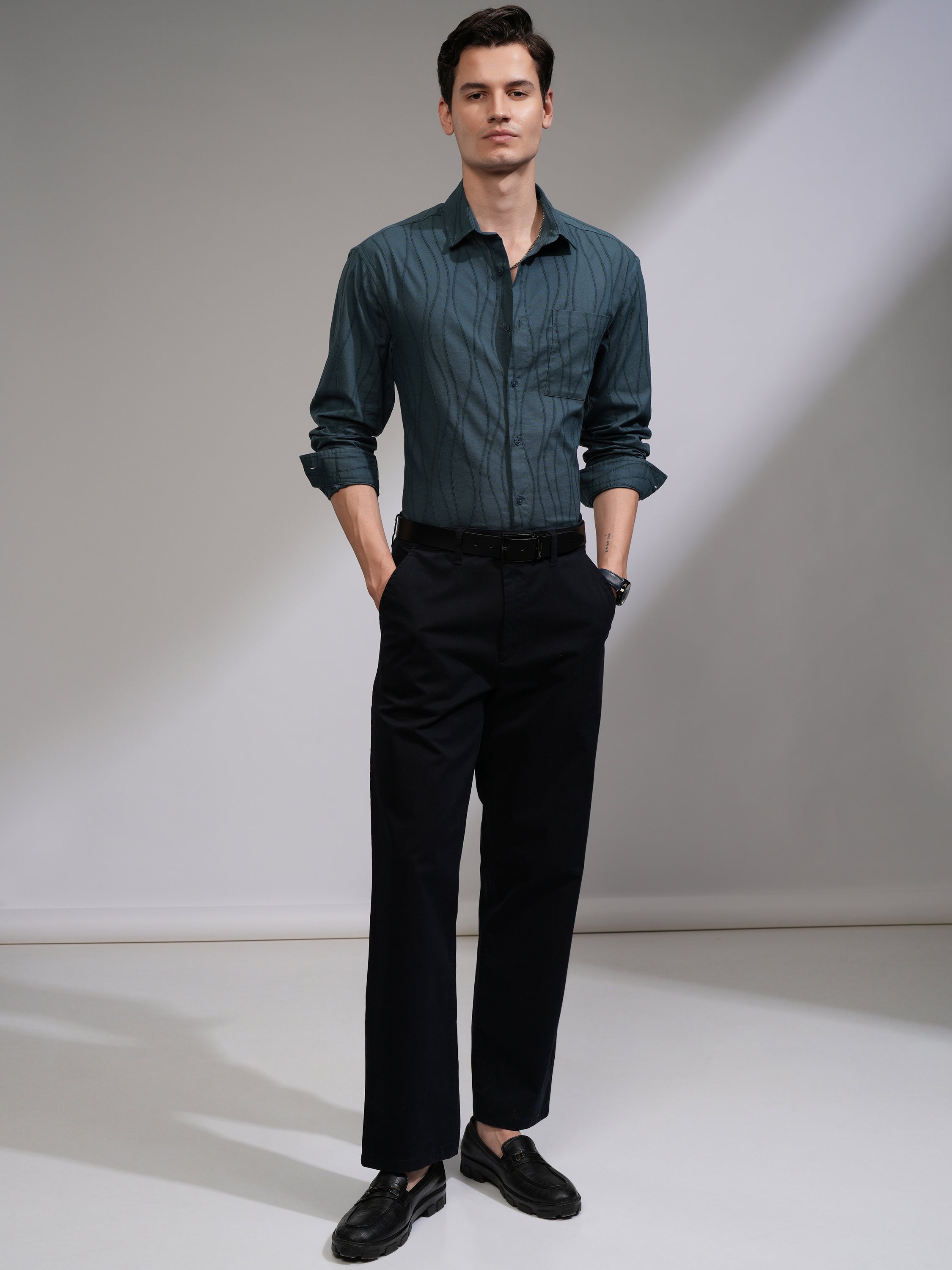 Highlander Men Teal Textured Relaxed Fit Casual Shirt - Teal - Image 2