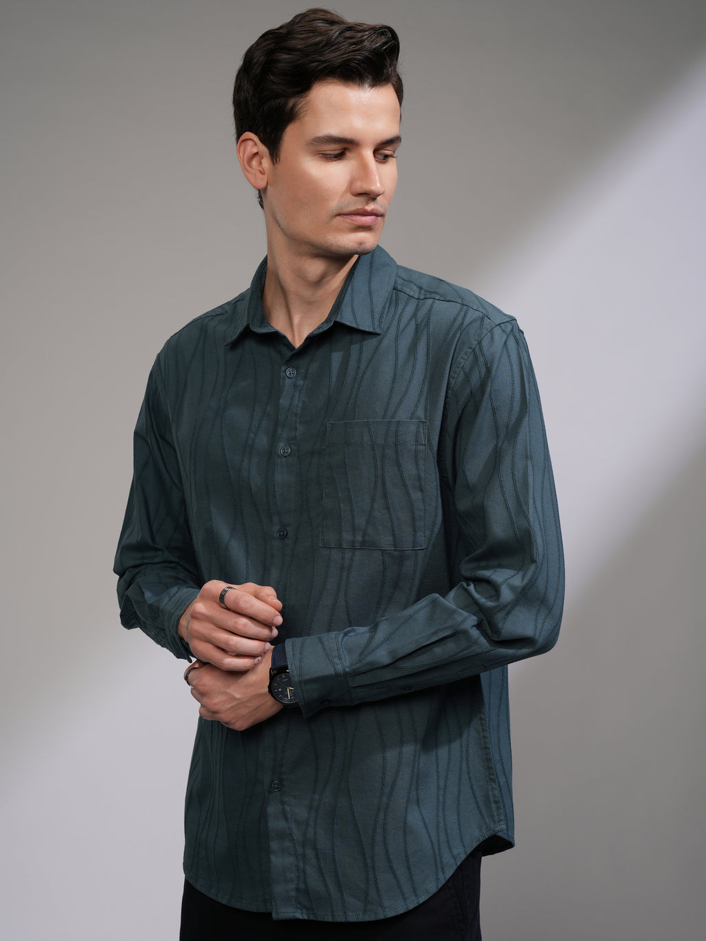 Highlander Men Teal Textured Relaxed Fit Casual Shirt - Teal - Image 4