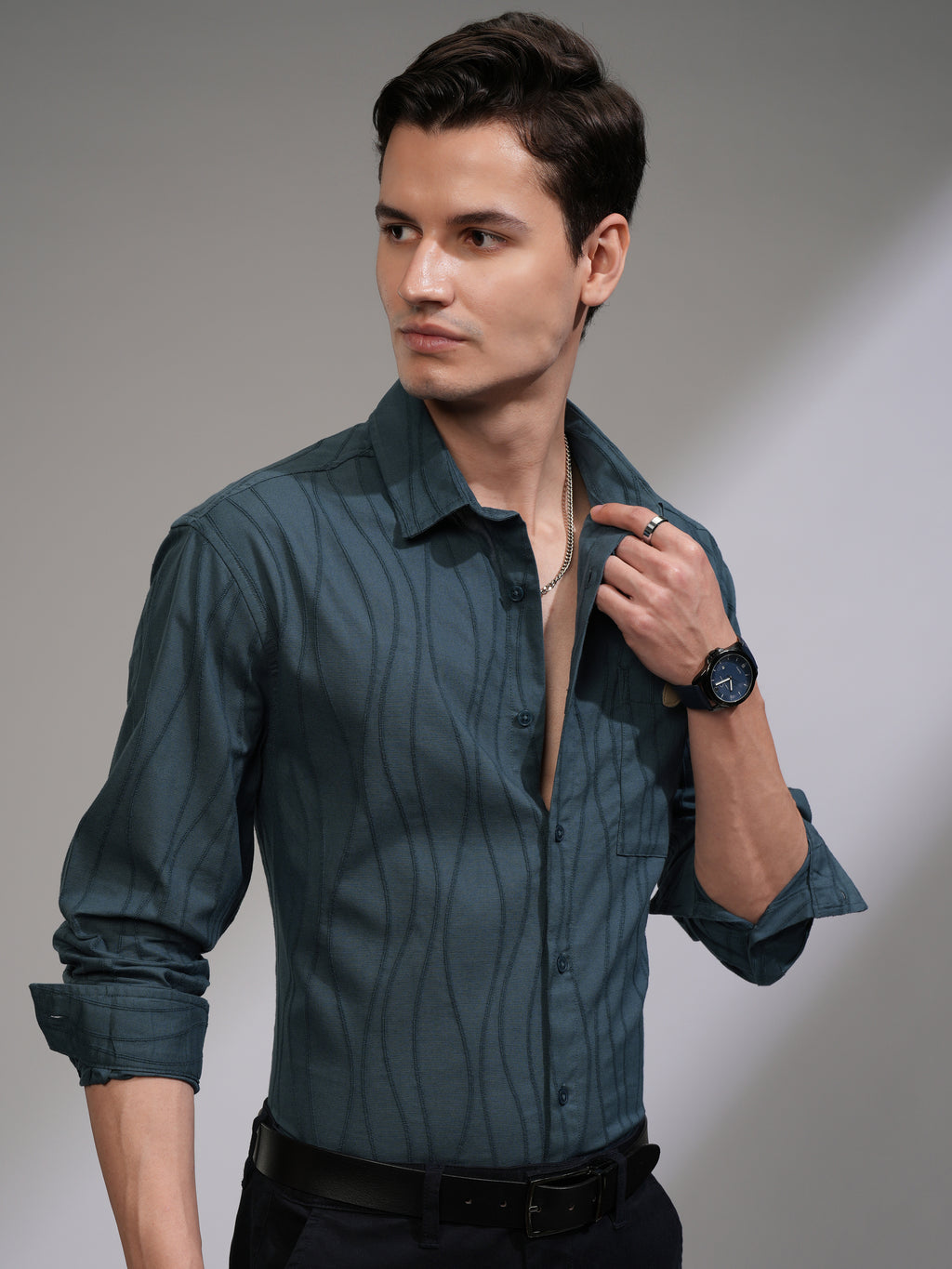 Highlander Men Teal Textured Relaxed Fit Casual Shirt - Teal - Image 6