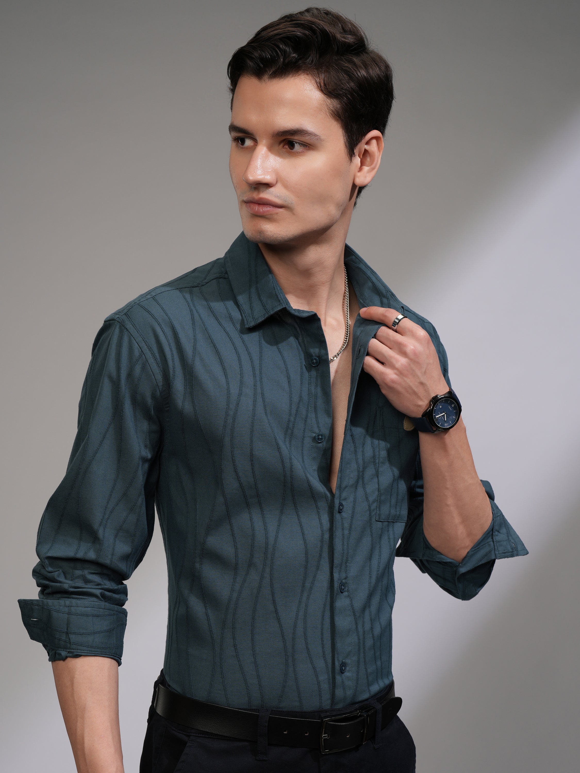 Highlander Men Teal Textured Relaxed Fit Casual Shirt - Teal - Image 6