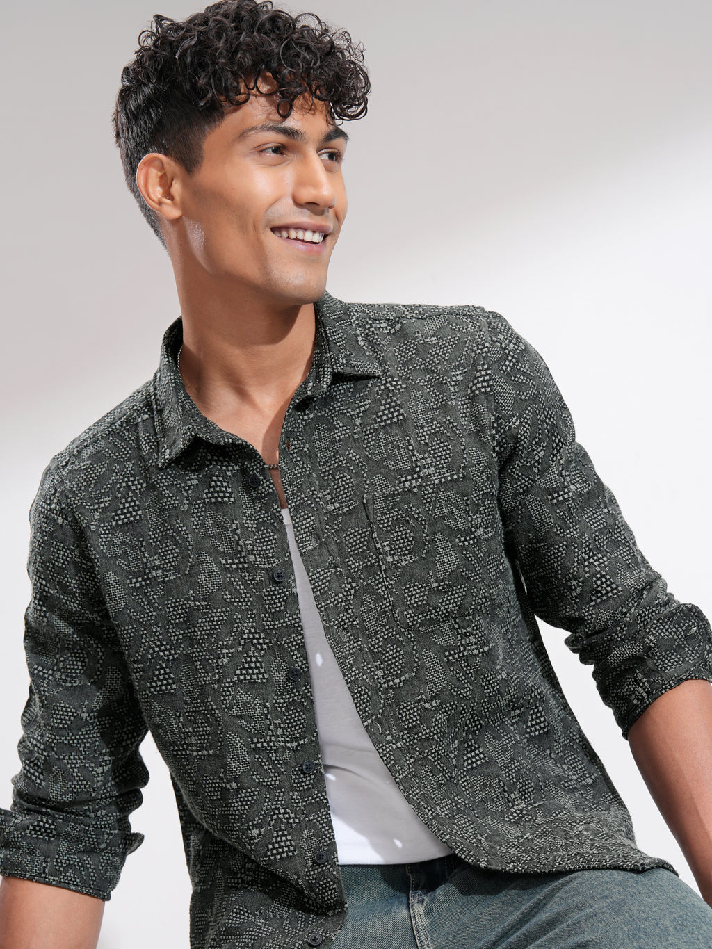 Highlander Men Black Self Design Slim Fit Casual Shirt - Black - Image 1