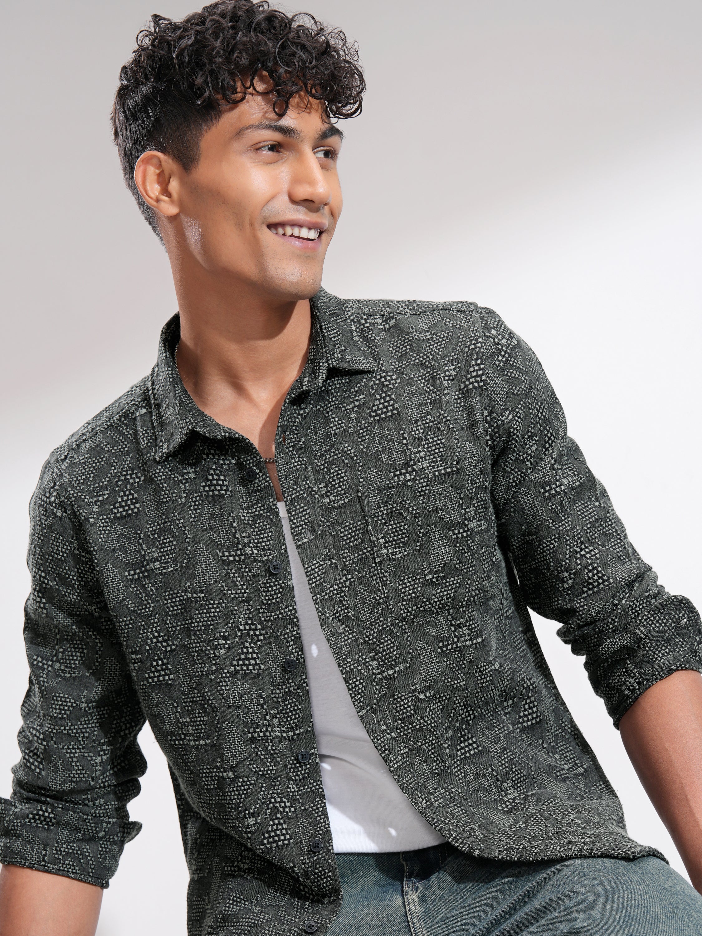 Highlander Men Black Self Design Slim Fit Casual Shirt - Black - Image 1