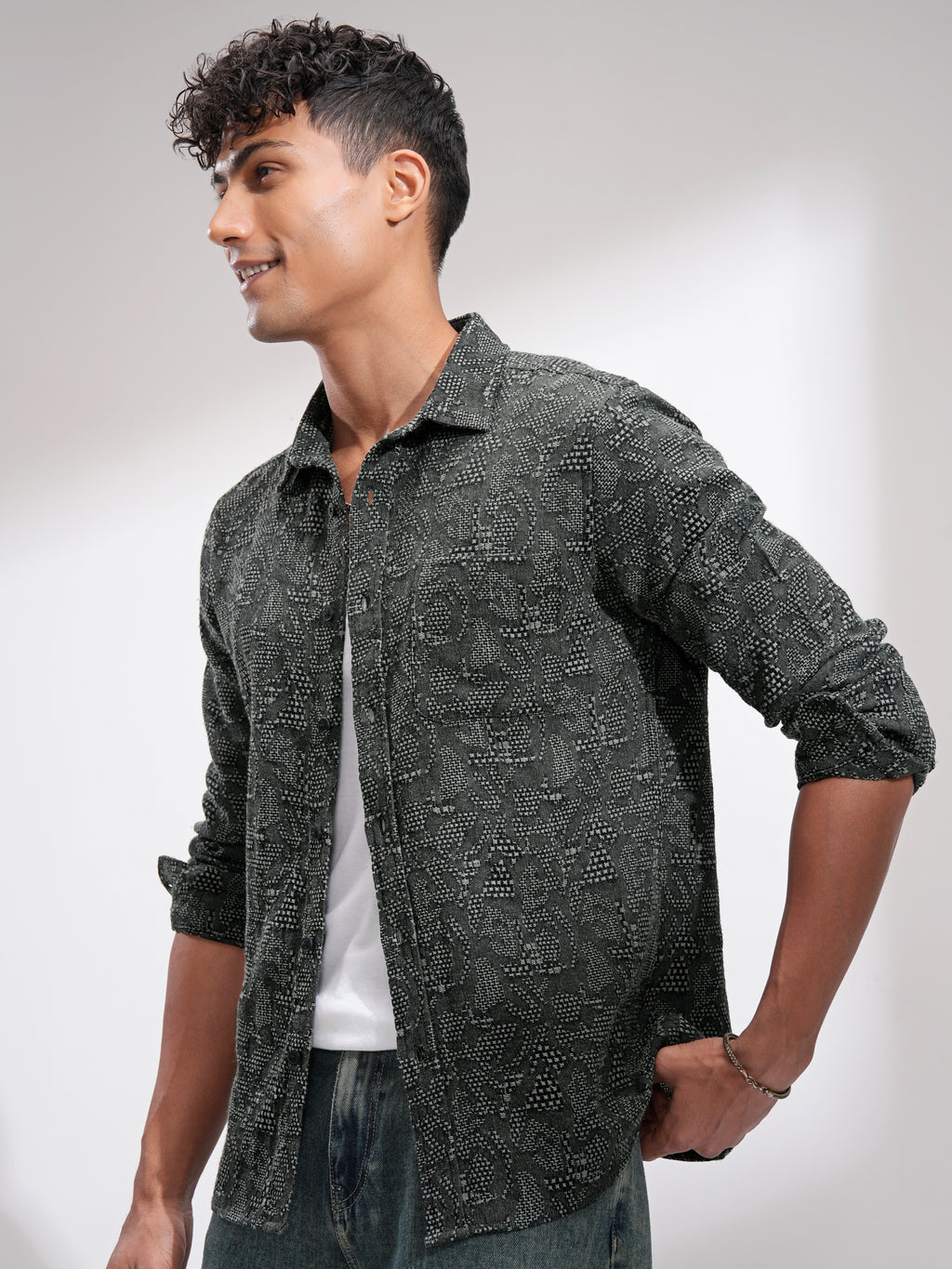 Highlander Men Black Self Design Slim Fit Casual Shirt - Black - Image 4