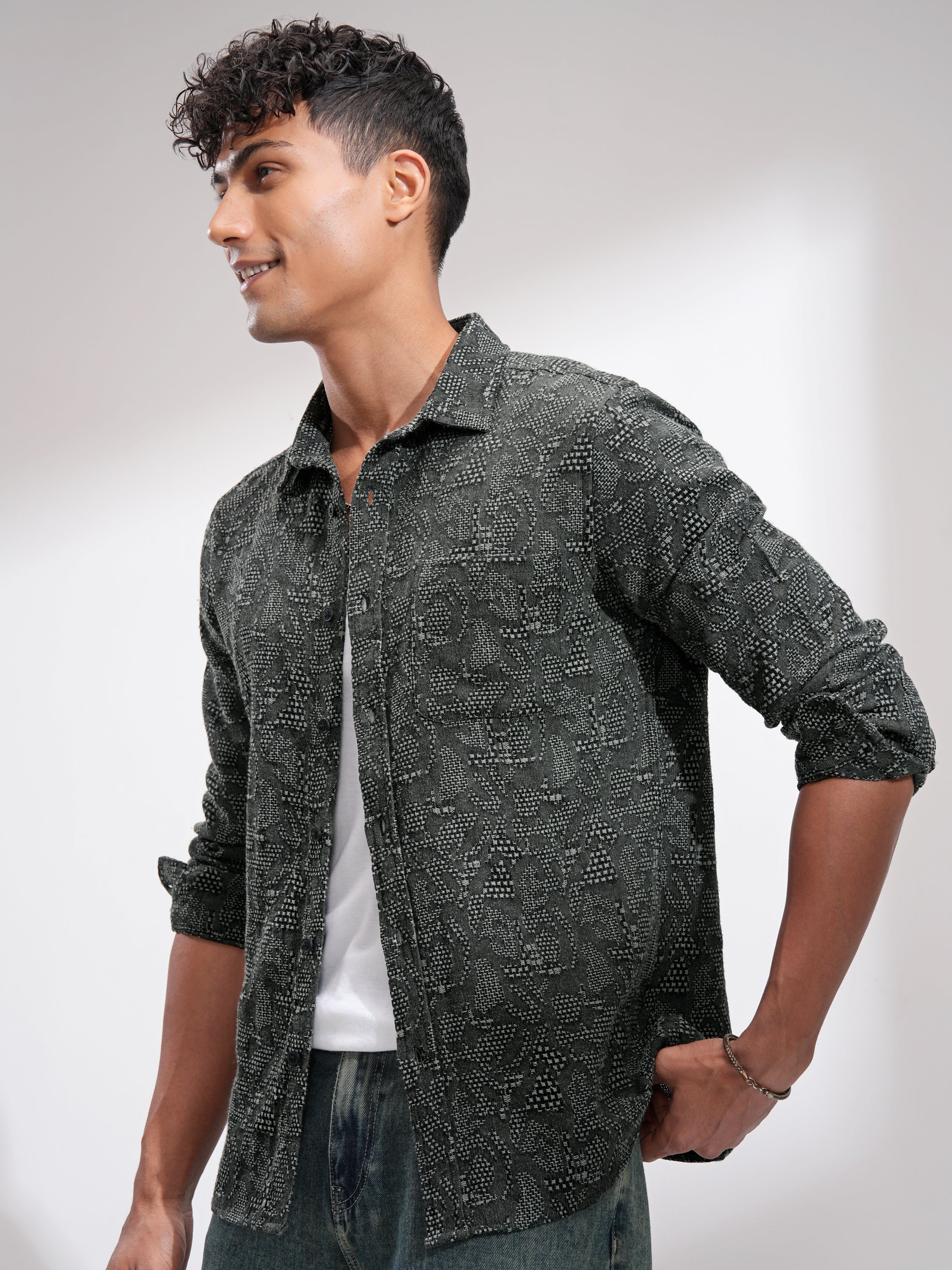 Highlander Men Black Self Design Slim Fit Casual Shirt - Black - Image 4