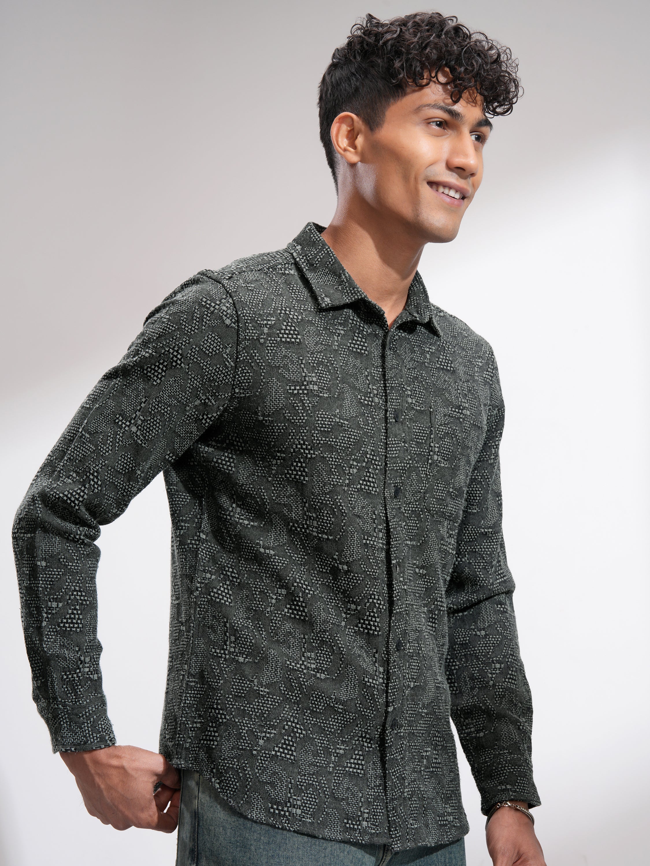 Highlander Men Black Self Design Slim Fit Casual Shirt - Black - Image 6